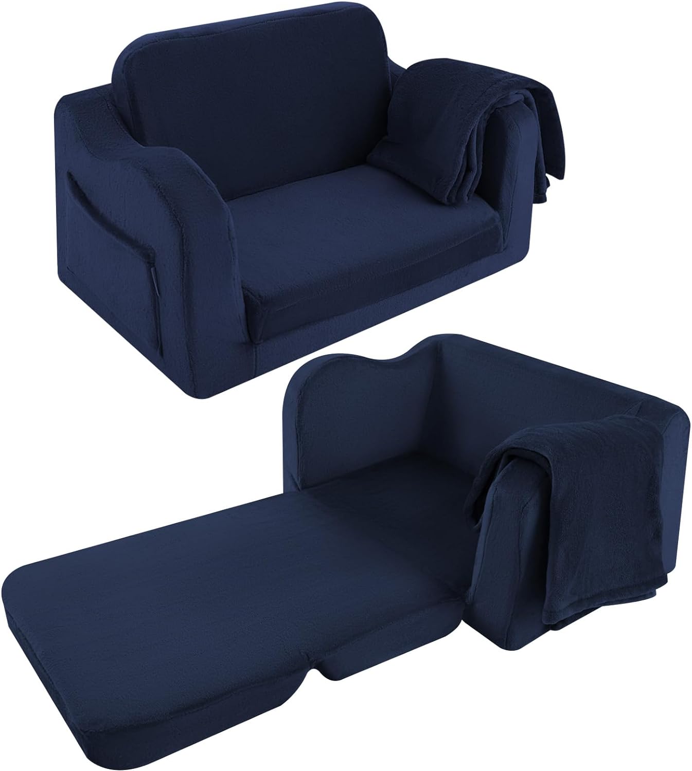 Glowsofa's Navy Children's Fold Out Sofa with Blanket Folded and Unfolded Status