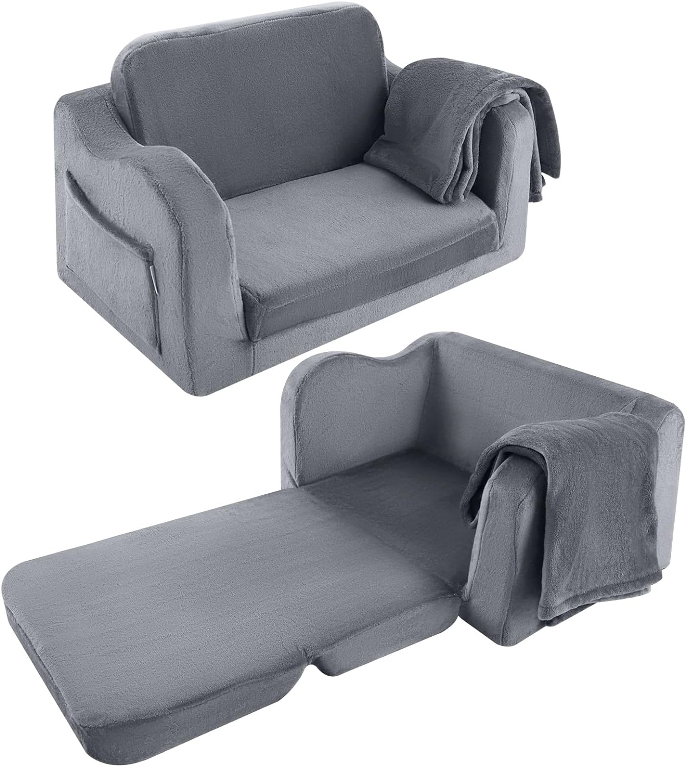 Glowsofa's Grey Children's Fold Out Sofa with Blanket Folded and Unfolded Status