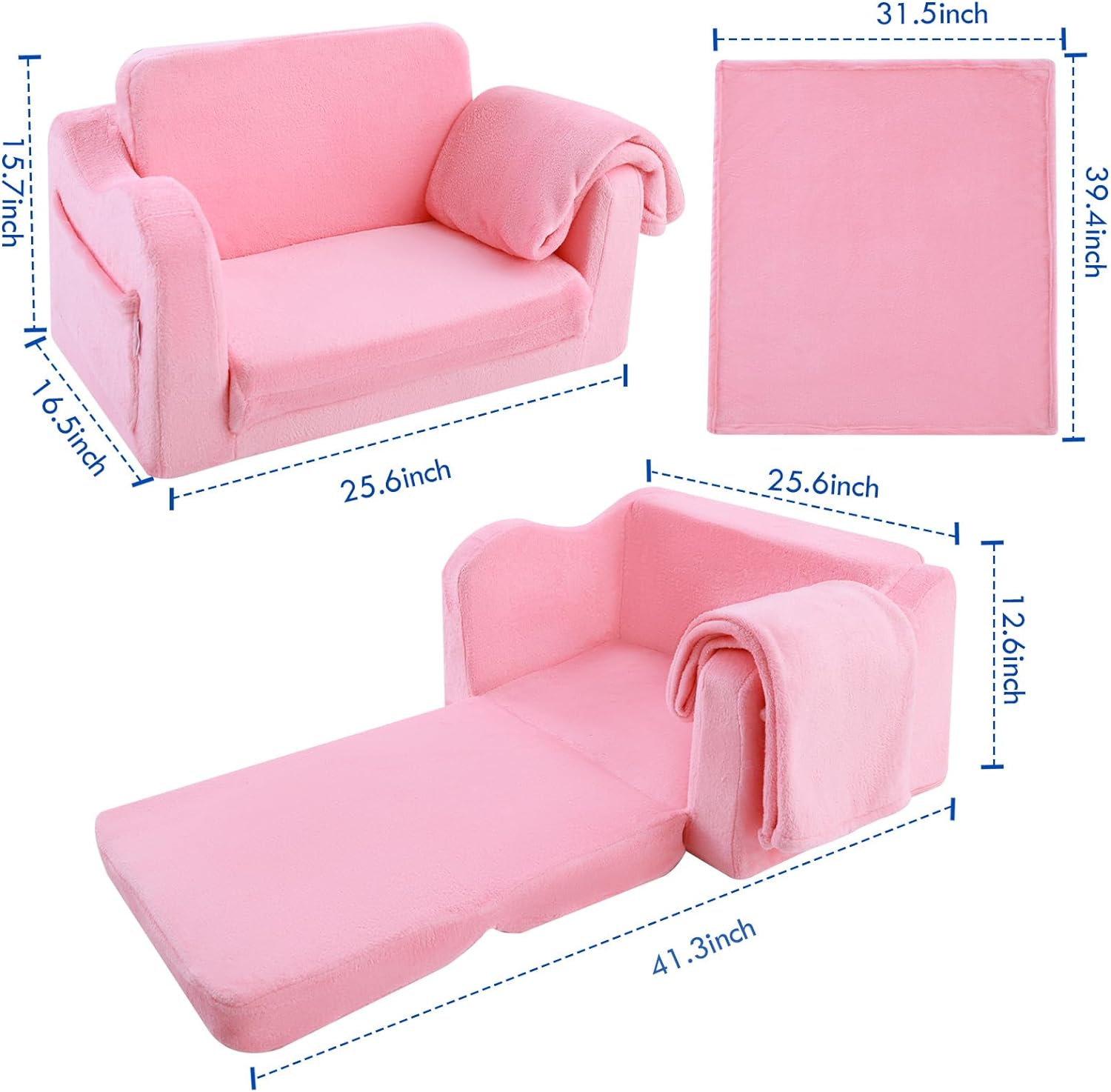 Glowsofa's Pink Children's Fold Out Sofa has a Seat Depth of 13 inches, a Seat Height of 11.5 Inches, and Product Dimensions of 16.5 “D x 25.6 ‘W x 15.7 ’H!