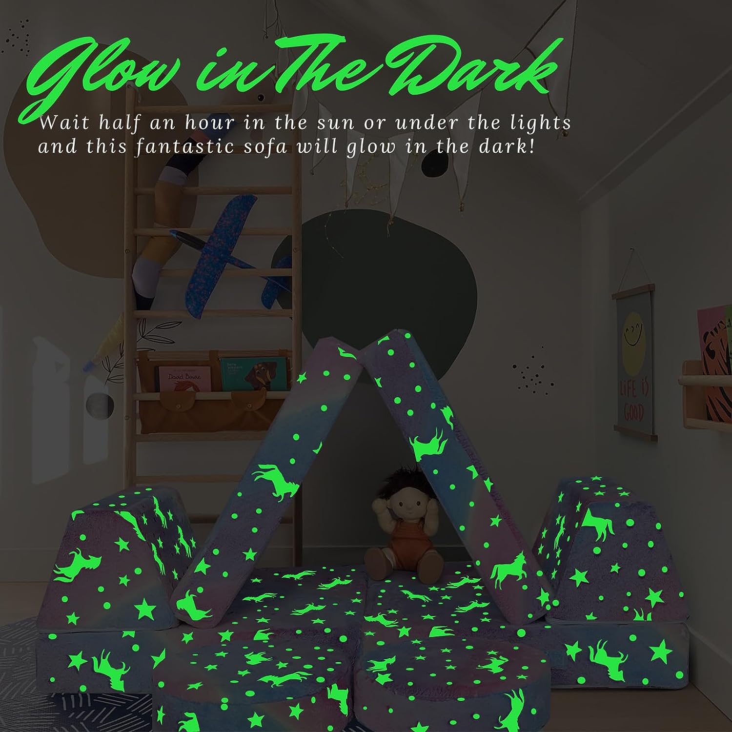 Glowsofa's Rainbow 8 pieces kids play couch glow in the dark effect