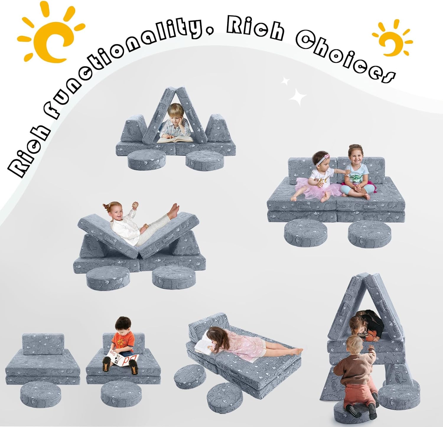 Kids play on different couches built with Glowsofa's Glowing Dinosaur 8 pieces kids play couch