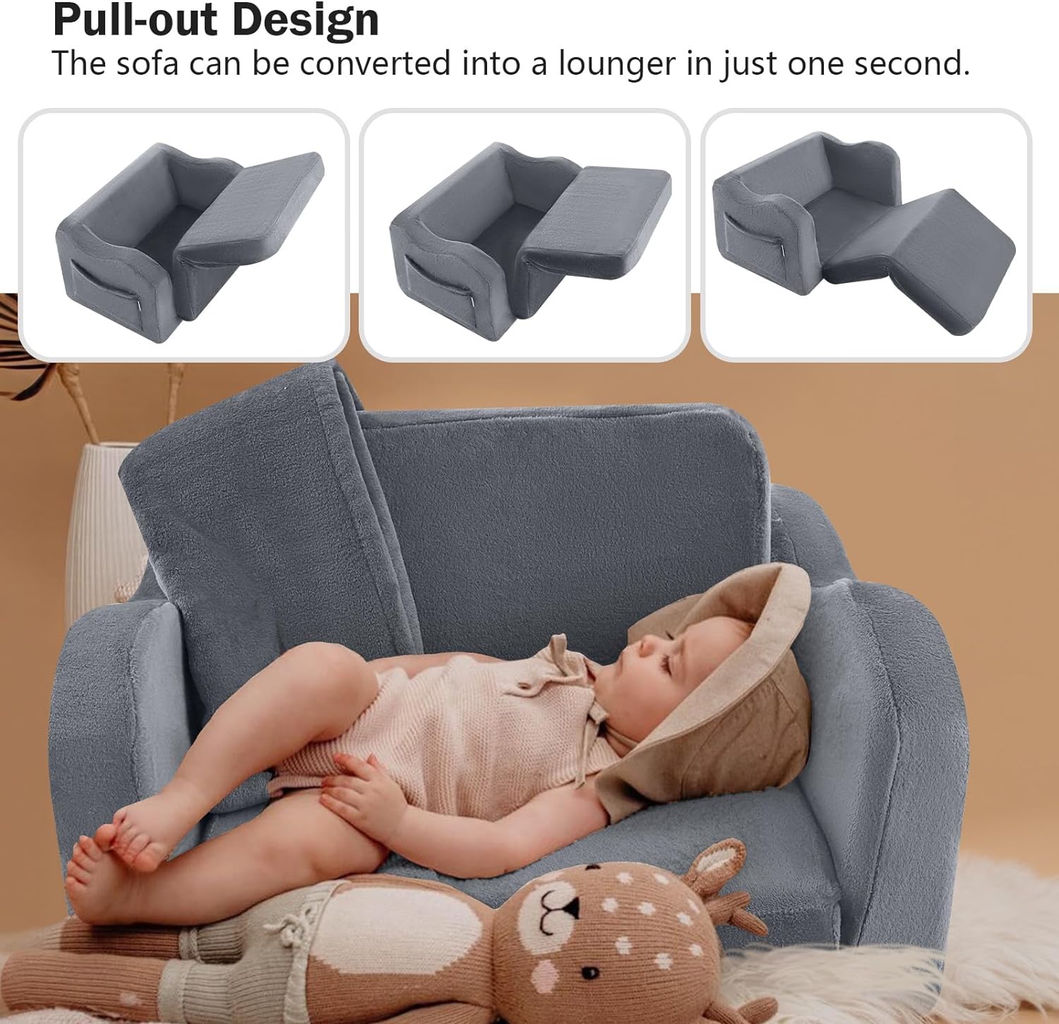 Baby lying on Glowsofa's Grey Children's Fold Out Sofa