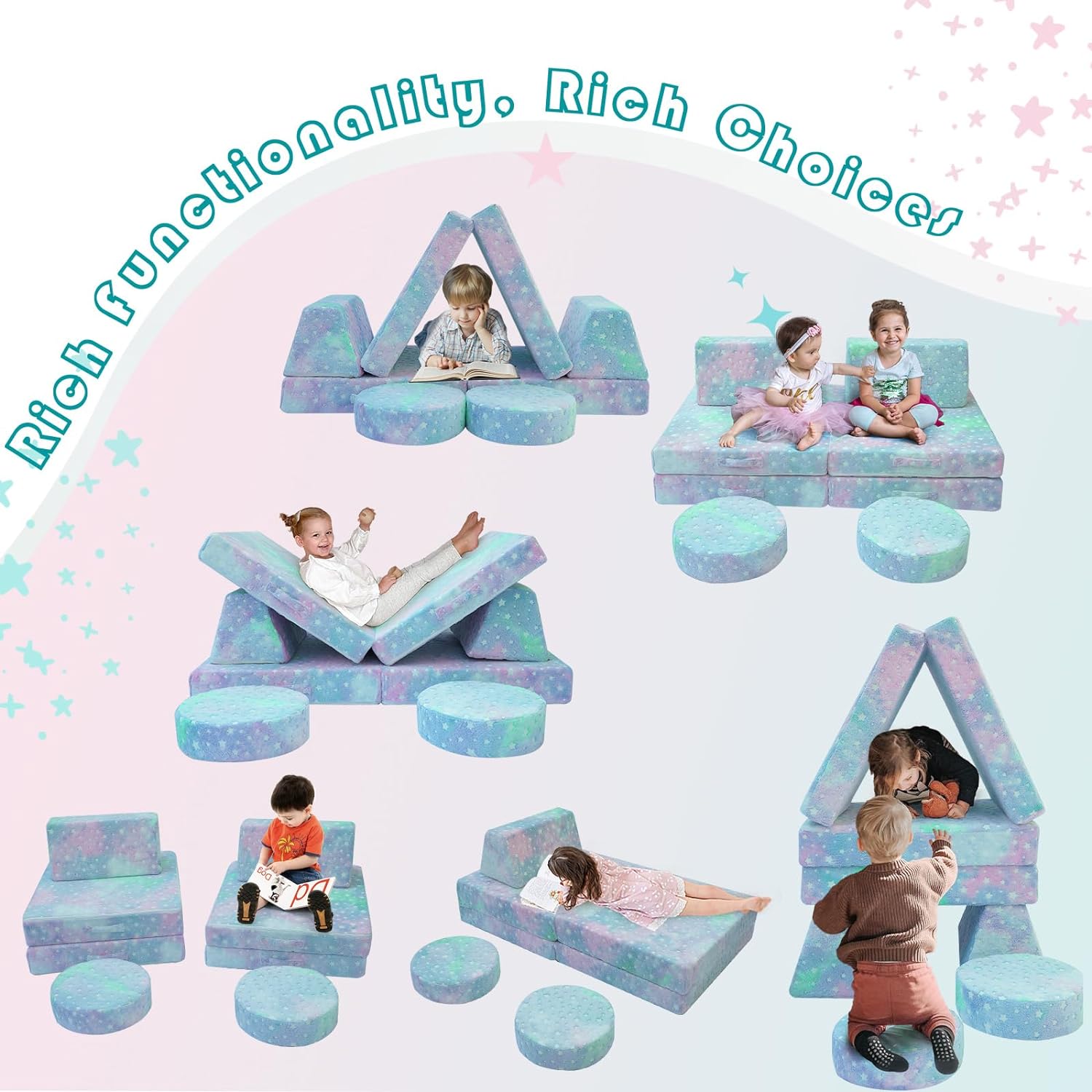 Kids play on different couches built with Glowsofa's Colorful Star 8 pieces kids play couch