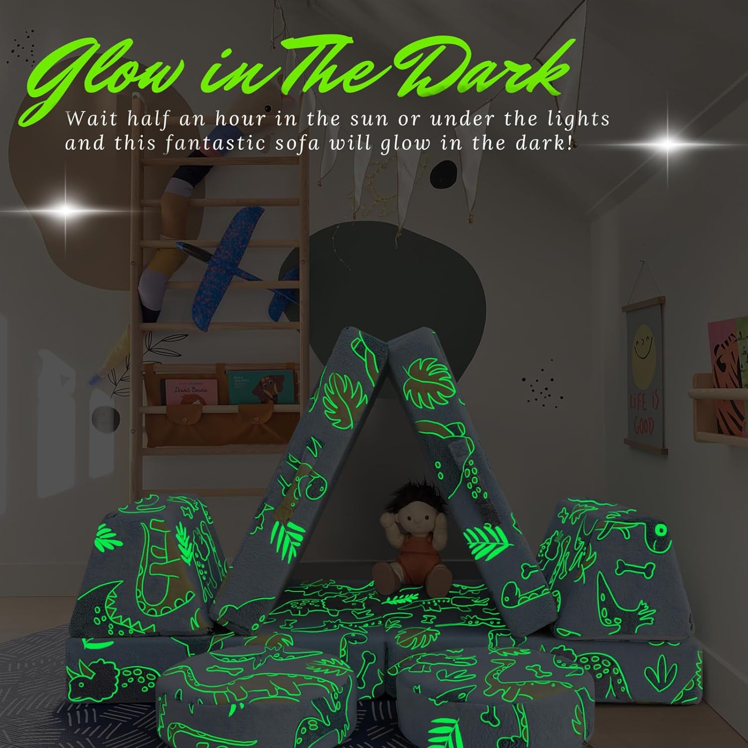 Glowsofa's Blue Dinosaur 8 pieces kids play couch glow in the dark effect