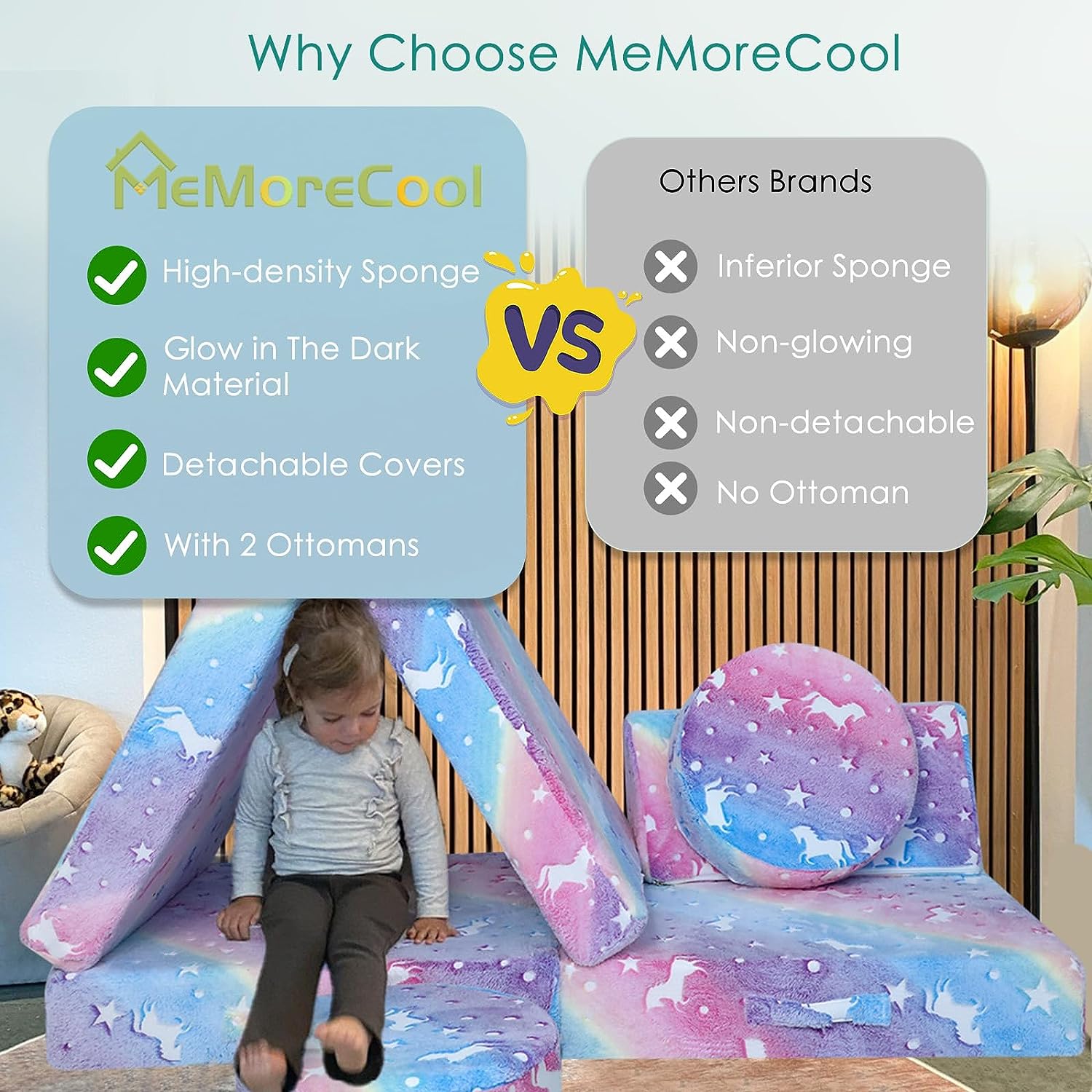 Glowsofa's kids play couch benefits over other kids couches are High-density Sponge, Glow in The Dark Material, Detachable Covers, With 2 Ottomans
