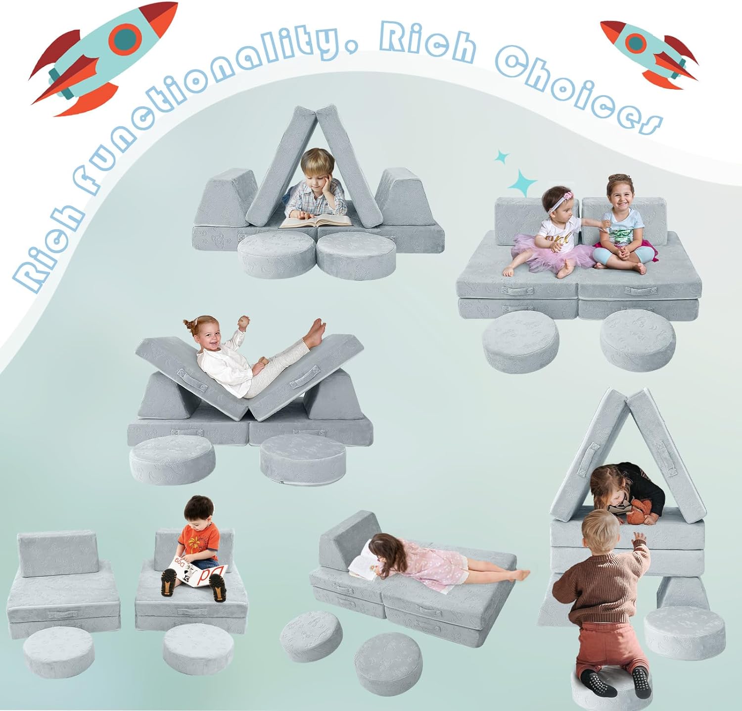 Kids play on different couches built with Glowsofa's Rocket 8 pieces kids play couch