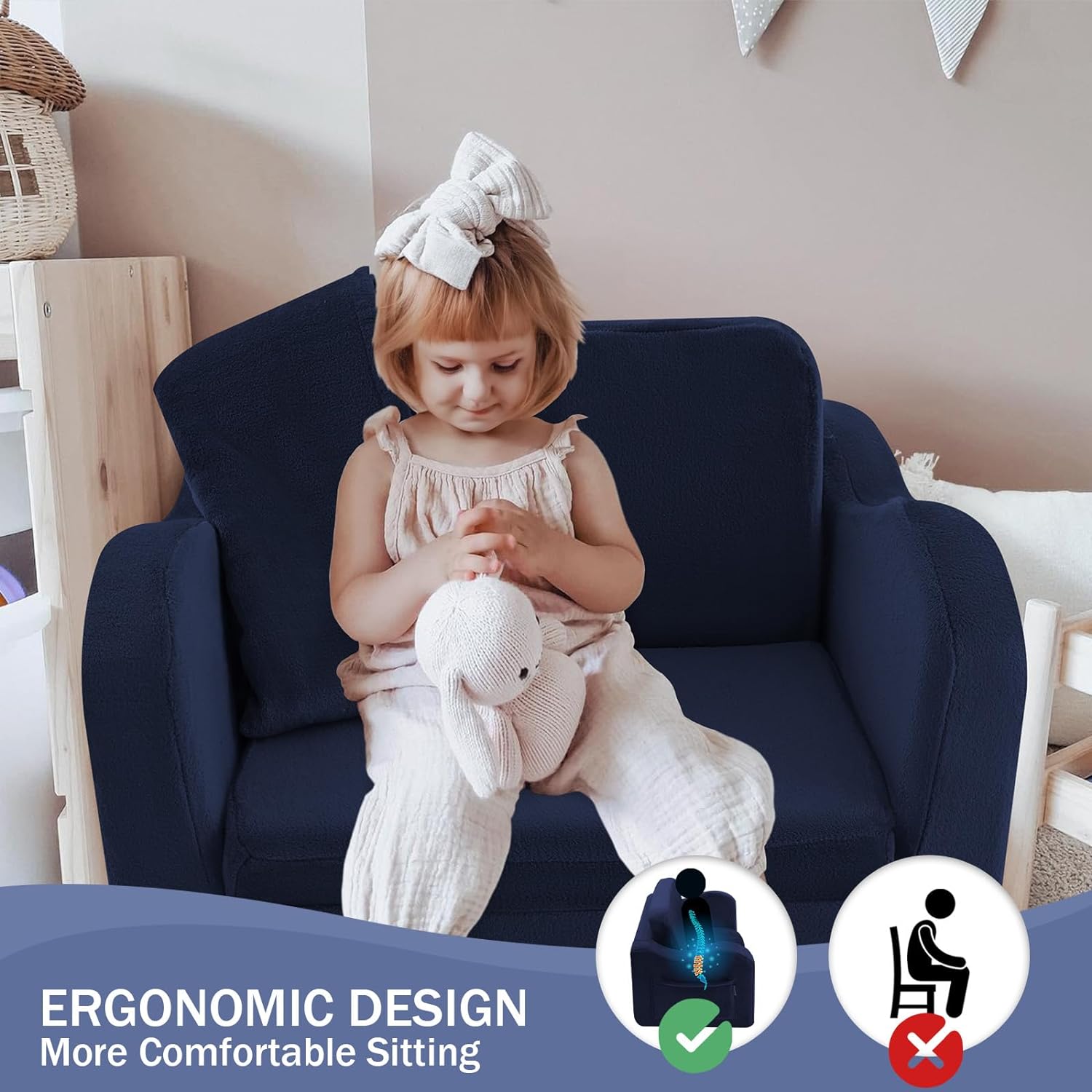 Girl sitting on Glowsofa's Cream Children's Fold Out Sofa