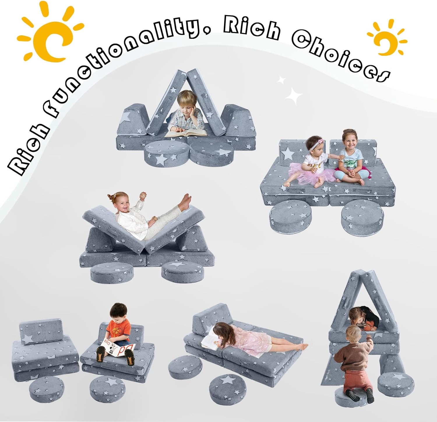 Kids play on different couches built with Glowsofa's Star 8 pieces kids play couch