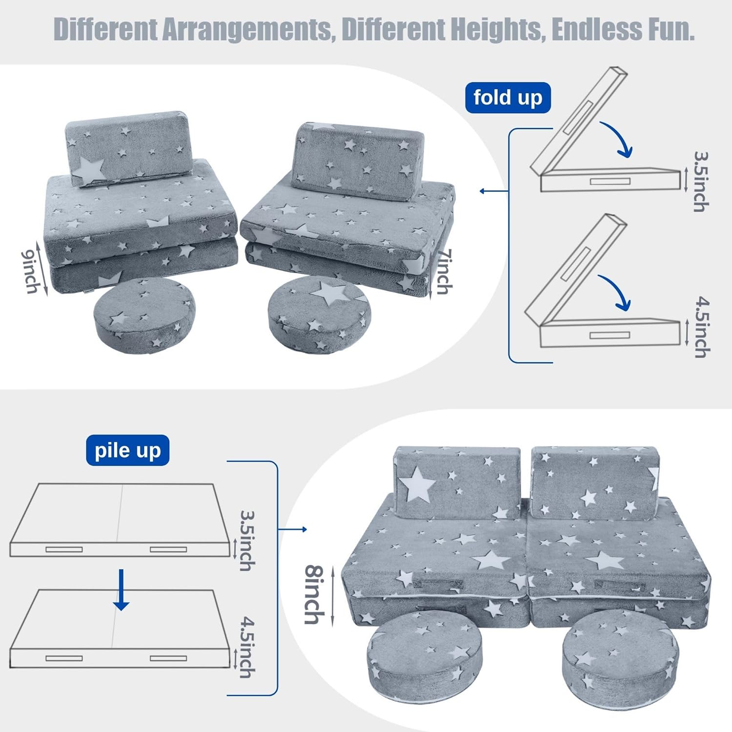 Glowsofa's Star 8 pieces kids play couch features 8 pieces, four foldable seats, two back cushions, and two round cushions.