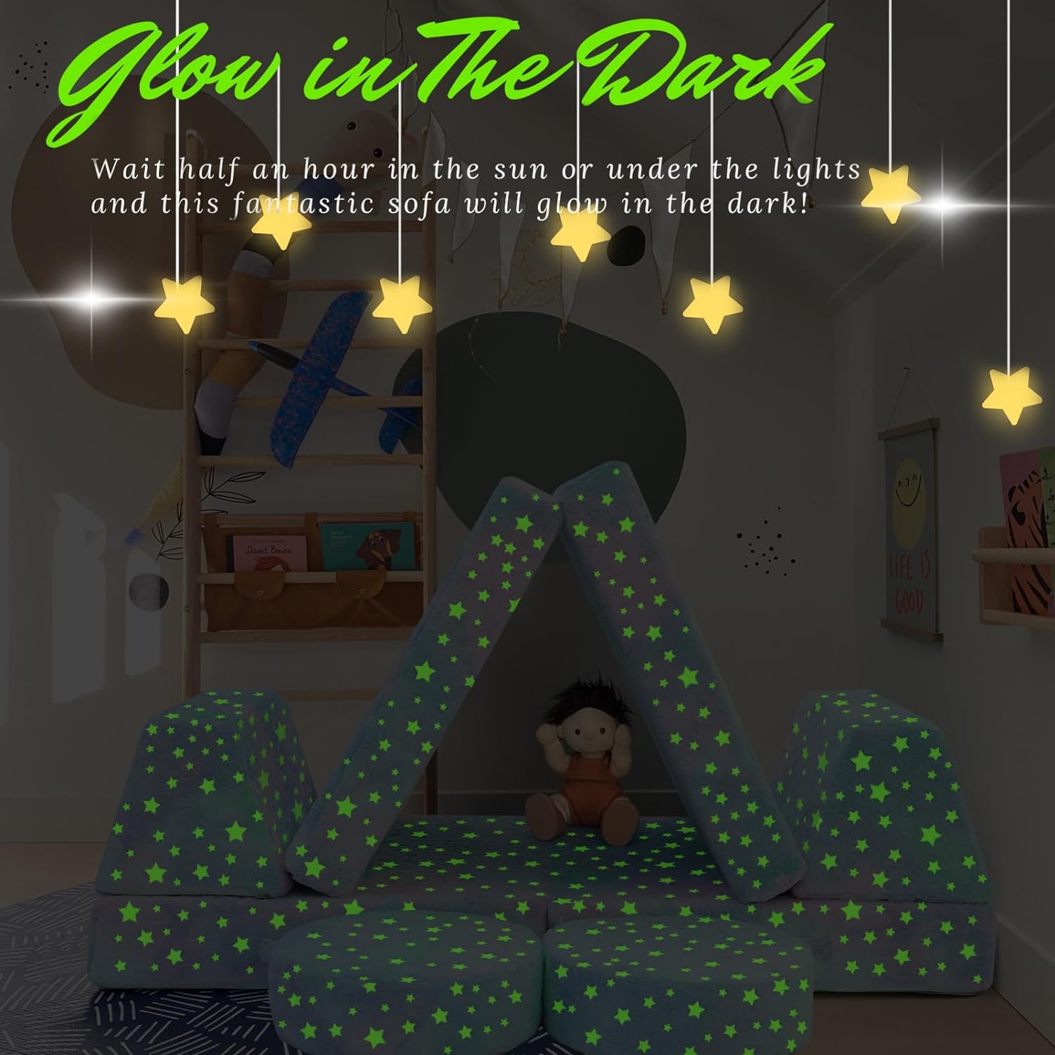 Glowsofa's Colorful Star 8 pieces kids play couch glow in the dark effect