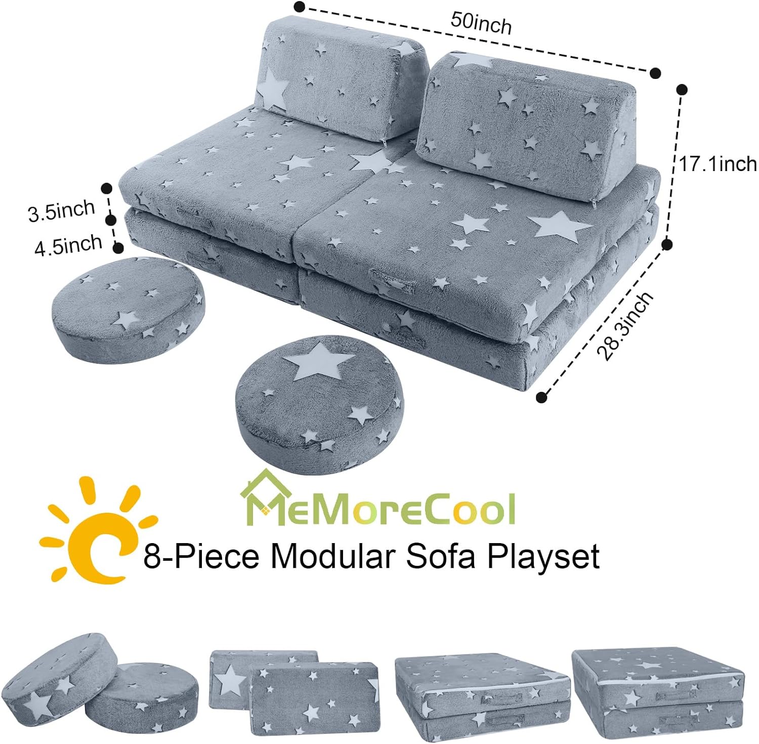 Glowsofa's Star 8 pieces kids play couch measures 28.3 “D x 50 ‘W x 17.1 ’H