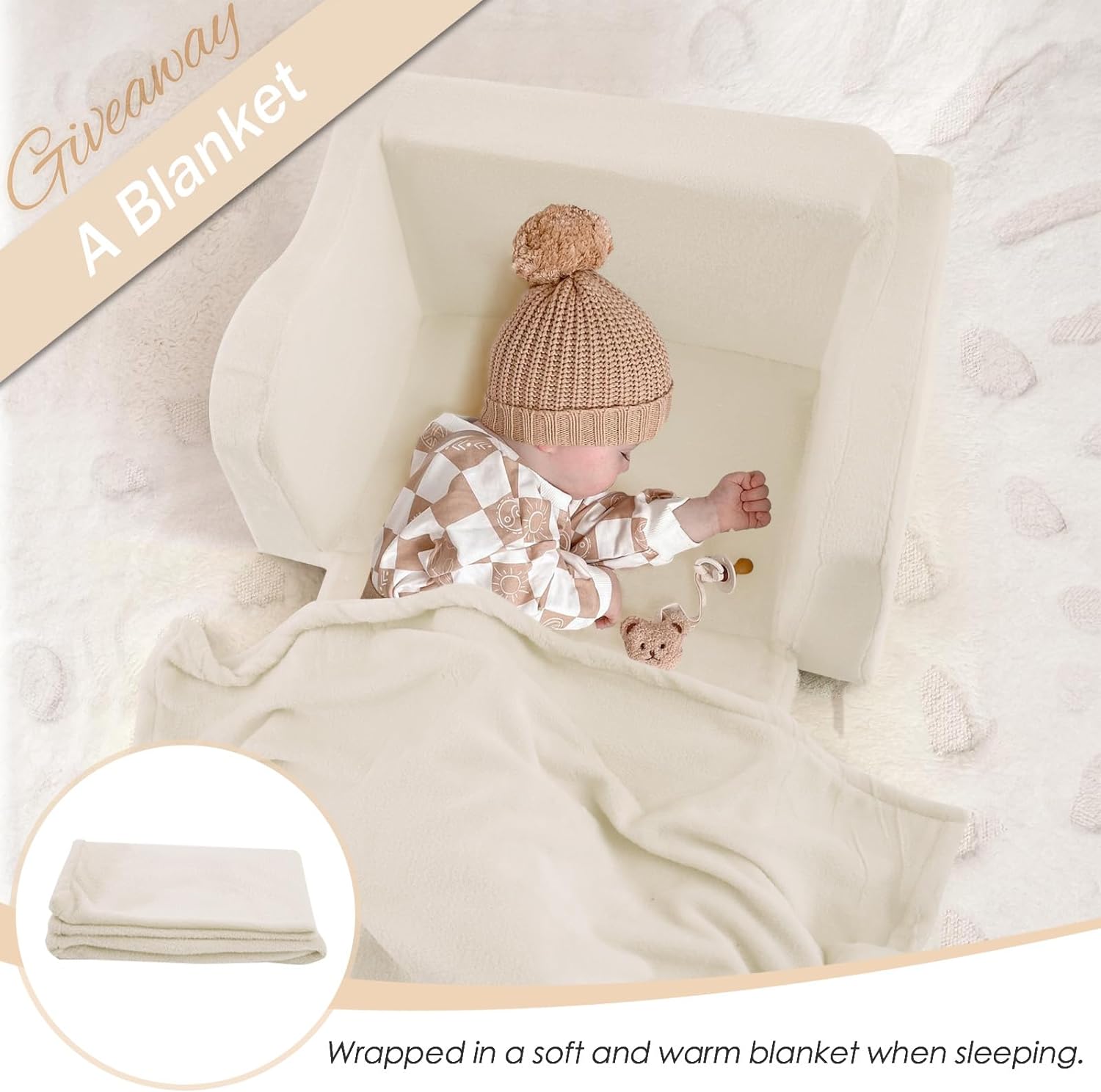 Baby sleeps under a blanket on Glowsofa's Cream Children's Fold Out Sofa
