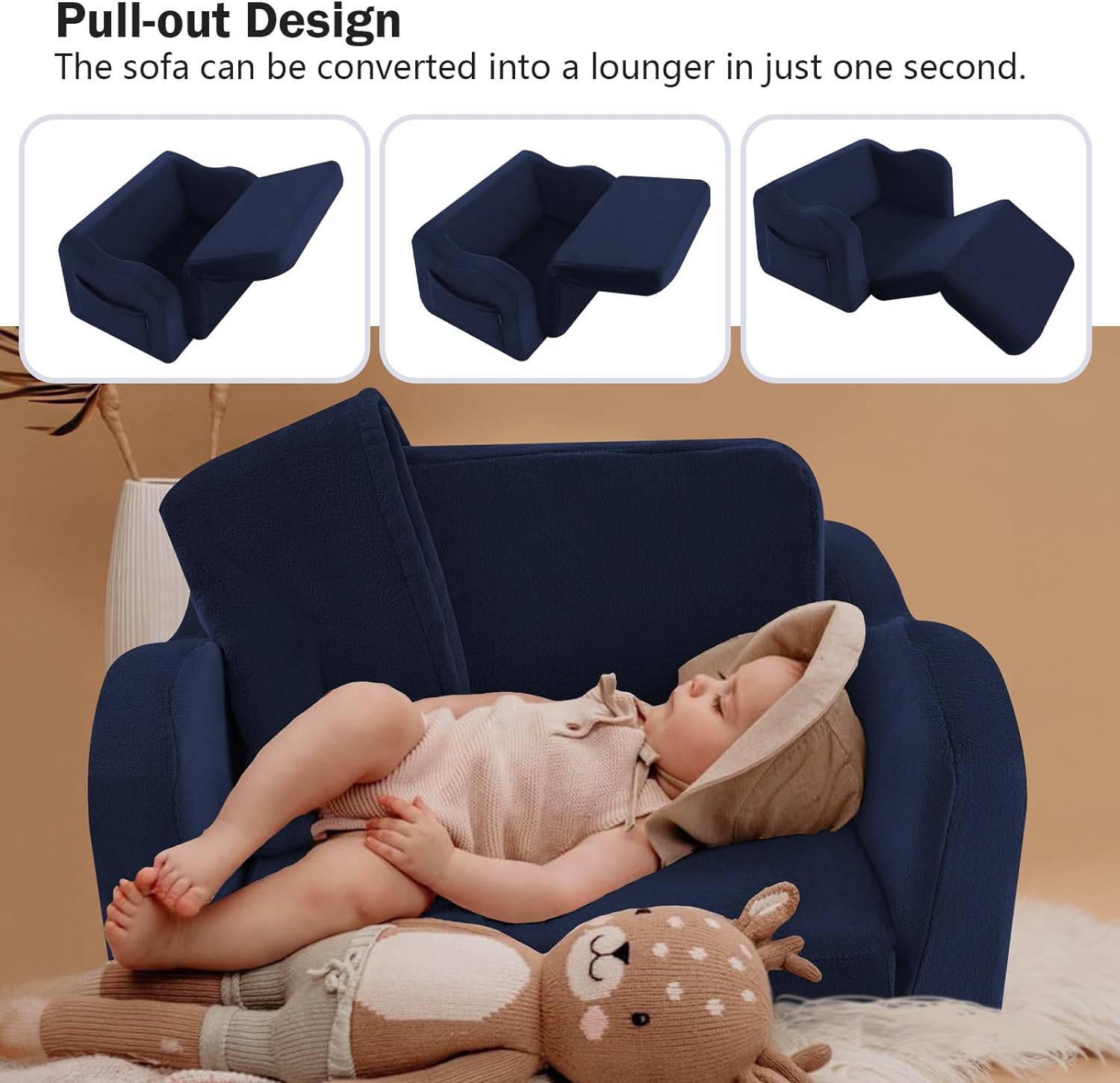 Baby lying on Glowsofa's Navy Children's Fold Out Sofa