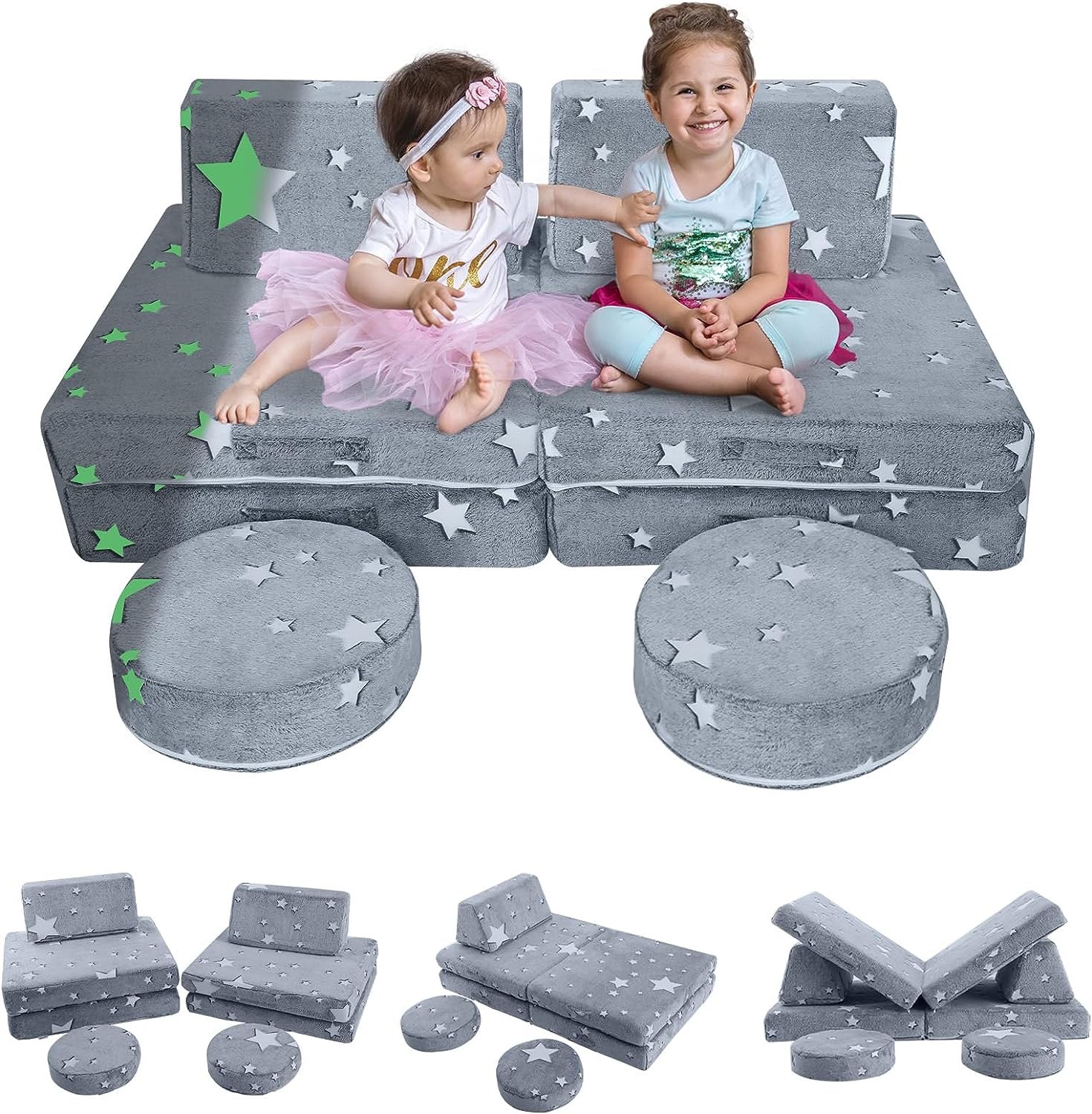 Two girls sitting on Glowsofa's Star 8 pieces kids play couch set