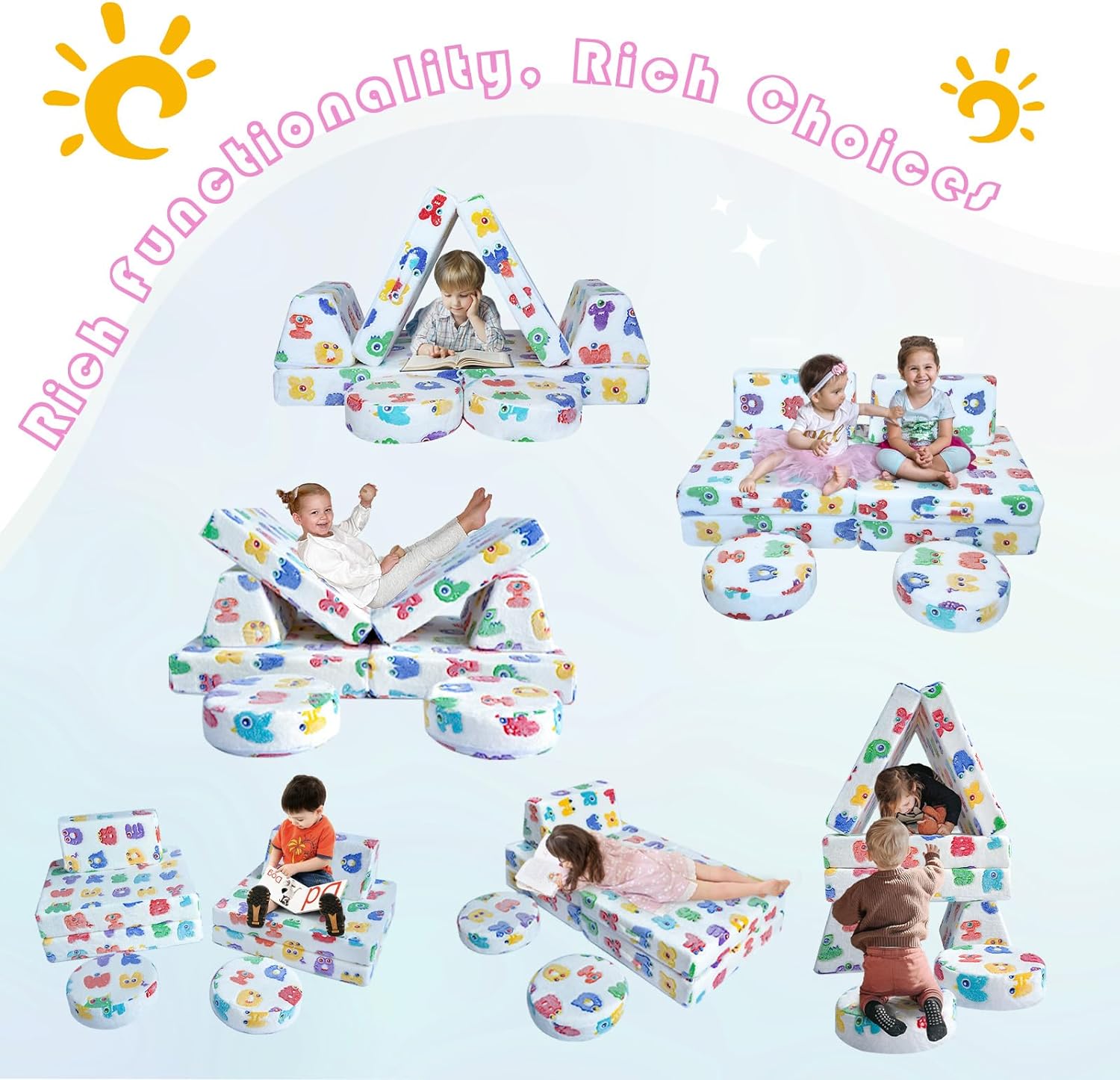Kids play on different couches built with Glowsofa's Alphabet 8 pieces kids play couch