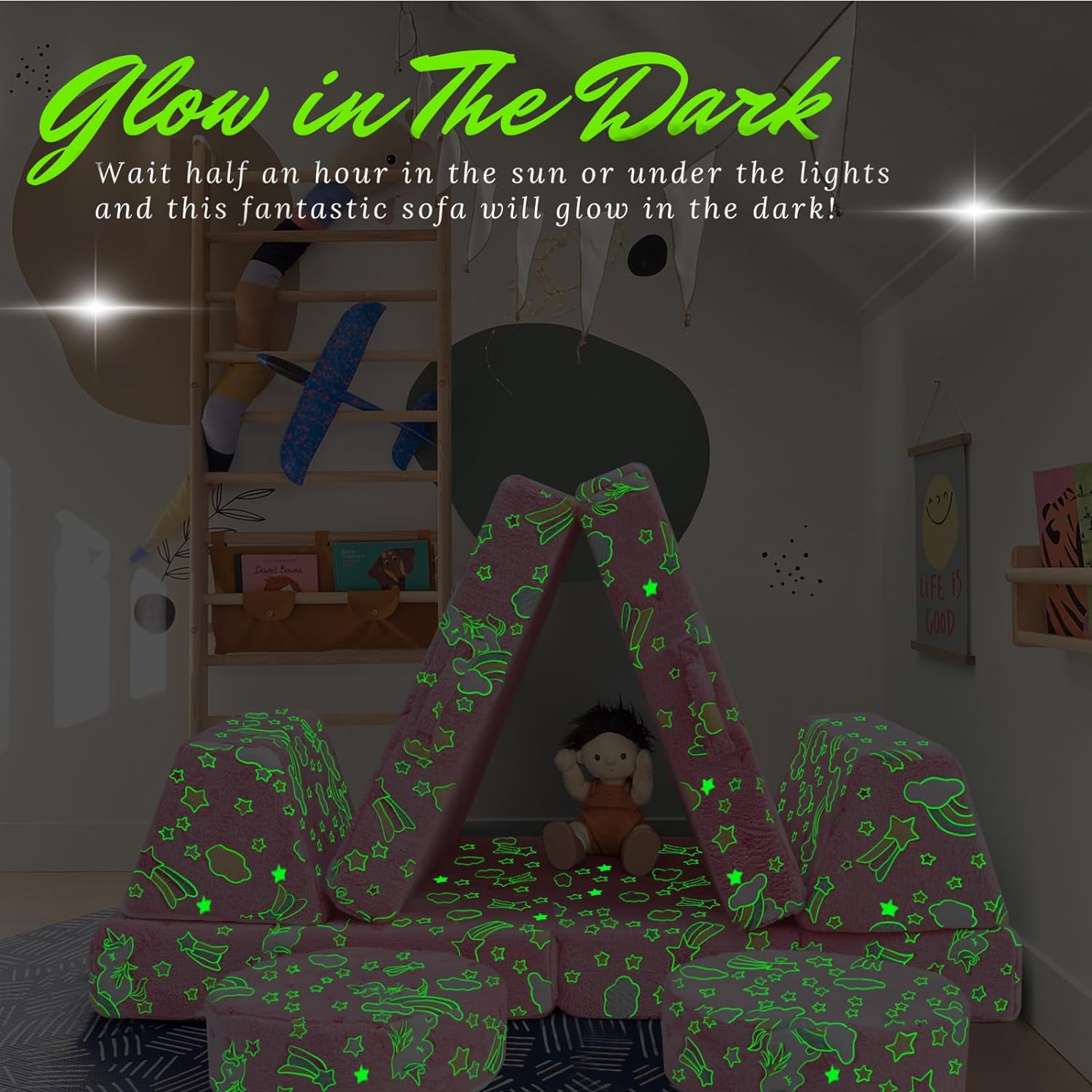 Glowsofa's Unicorn 8 pieces kids play couch glow in the dark effect