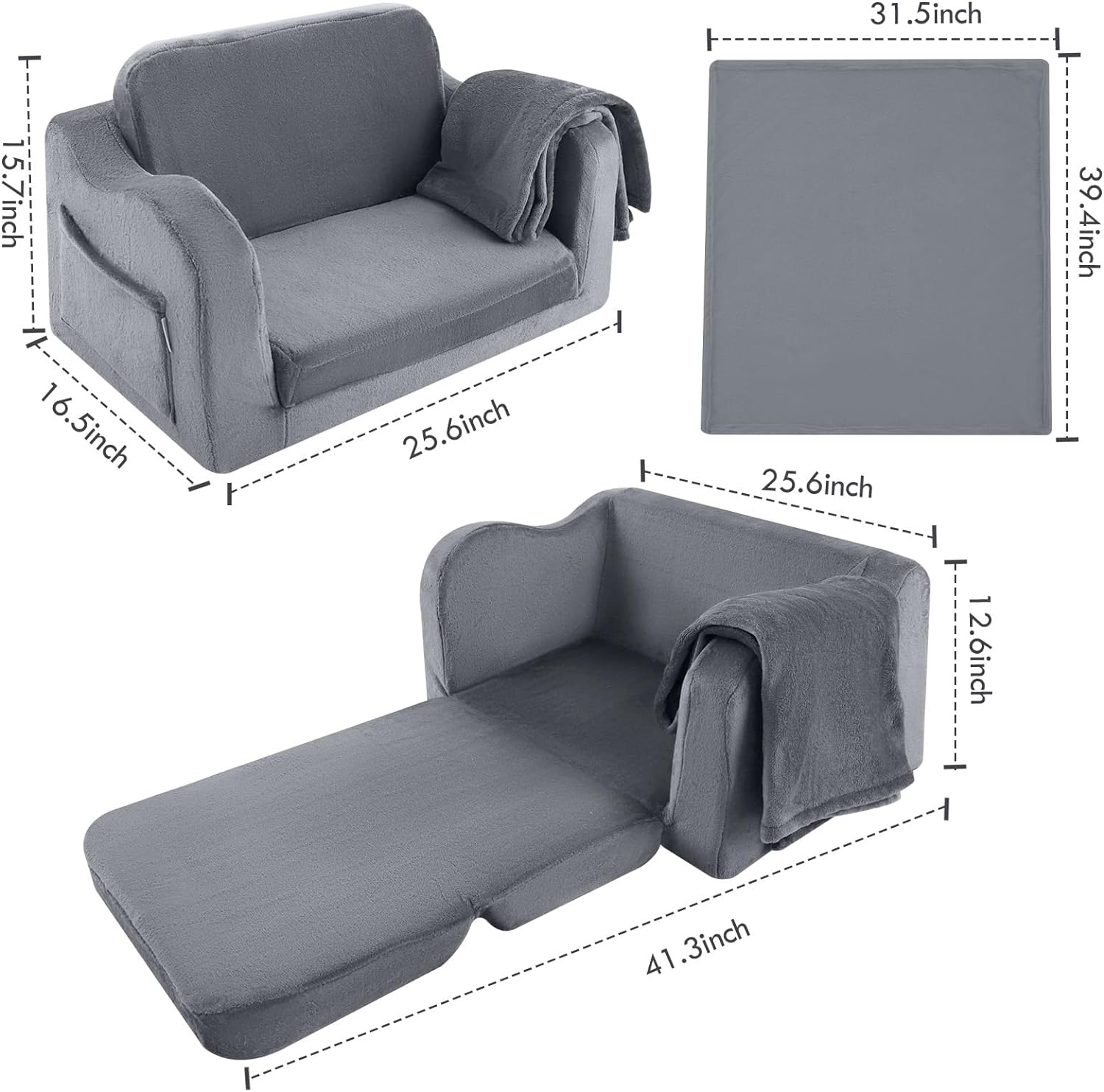 Glowsofa's Grey Children's Fold Out Sofa has a Seat Depth of 13 inches, a Seat Height of 11.5 Inches, and Product Dimensions of 16.5 “D x 25.6 ‘W x 15.7 ’H!