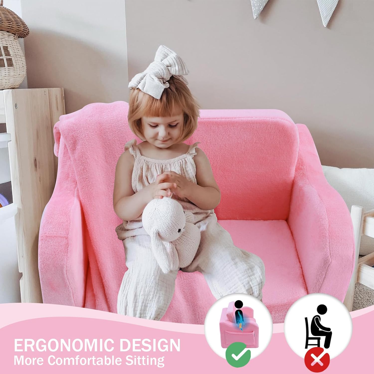 Girl sitting on Glowsofa's Grey Children's Fold Out Sofa