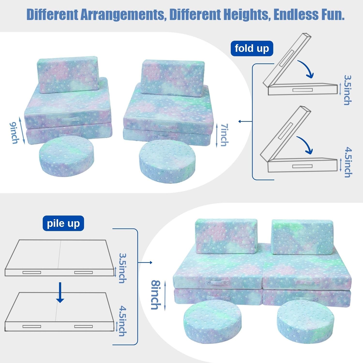 Glowsofa's Colorful Star 8 pieces kids play couch features 8 pieces, four foldable seats, two back cushions, and two round cushions.
