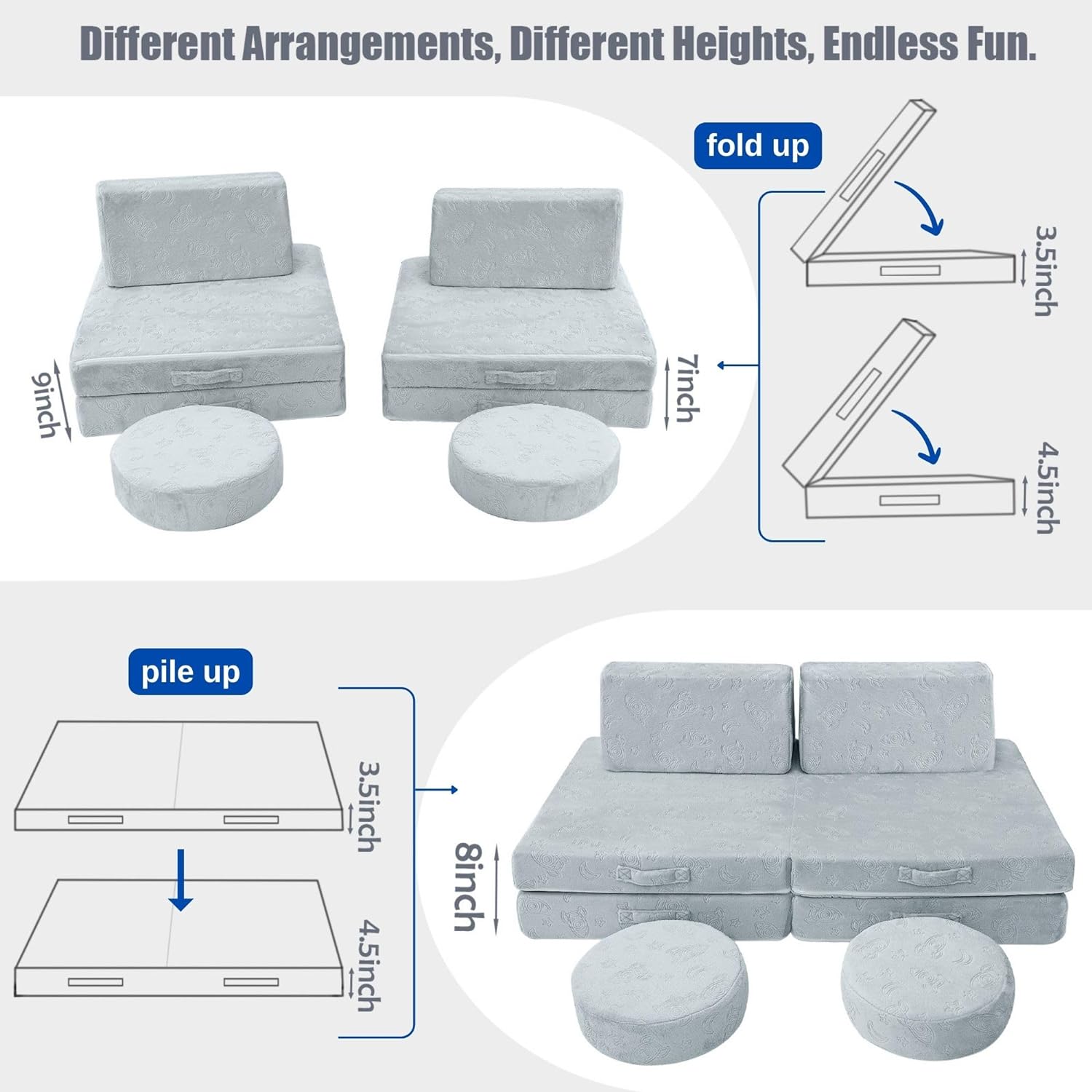 Glowsofa's Rocket 8 pieces kids play couch features 8 pieces, four foldable seats, two back cushions, and two round cushions.