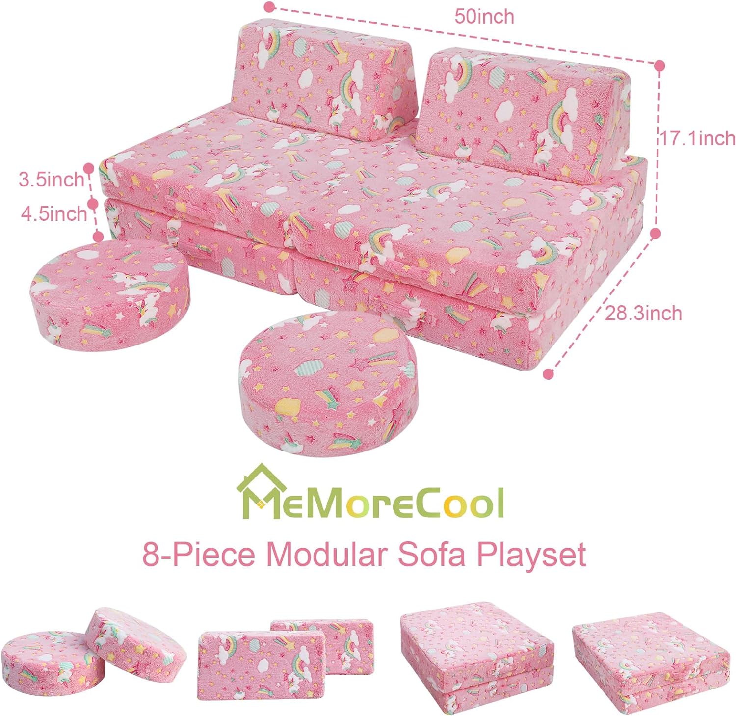 Glowsofa's Unicorn 8 pieces kids play couch measures 28.3 “D x 50 ‘W x 17.1 ’H