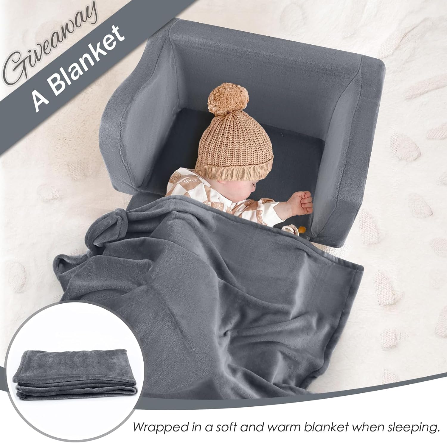 Baby sleeps under a blanket on Glowsofa's Grey Children's Fold Out Sofa