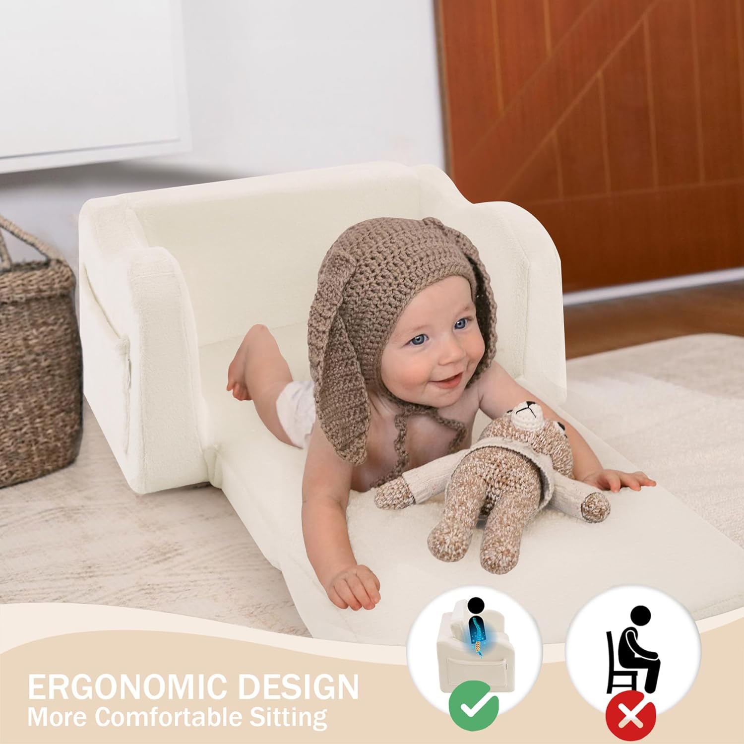 Baby lying on Glowsofa's Cream Children's Fold Out Sofa