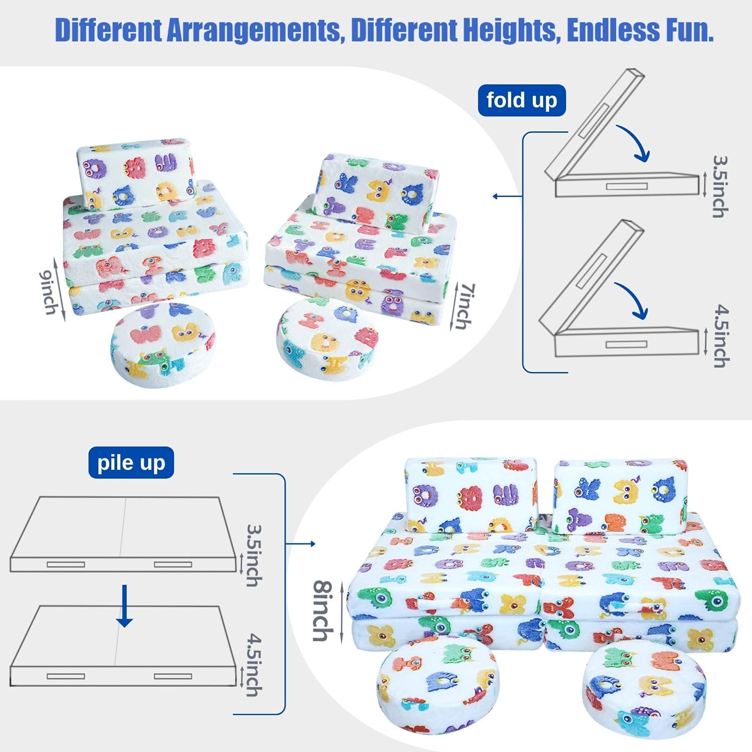 Glowsofa's Alphabet 8 pieces kids play couch features 8 pieces, four foldable seats, two back cushions, and two round cushions.