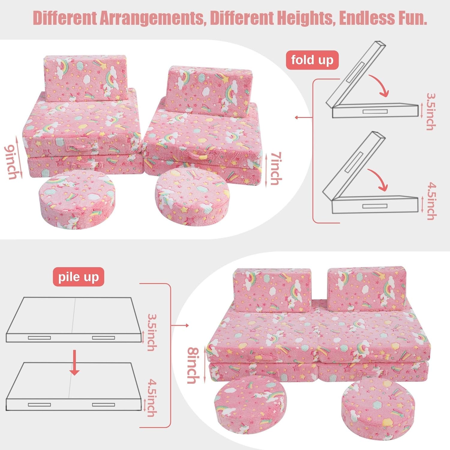 Glowsofa's Unicorn 8 pieces kids play couch features 8 pieces, four foldable seats, two back cushions, and two round cushions.