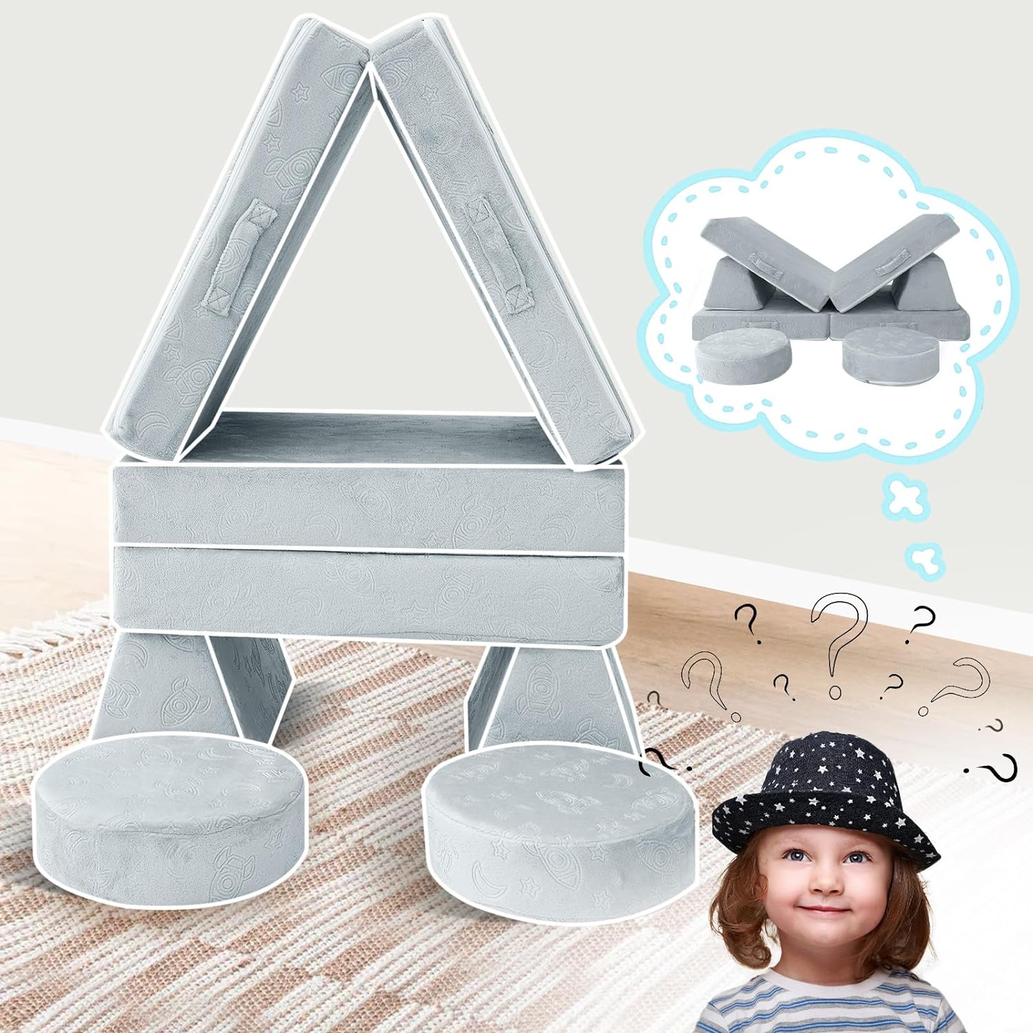 Glowsofa's 8 pieces Rocket kids play couch Build a castle and lounge chair