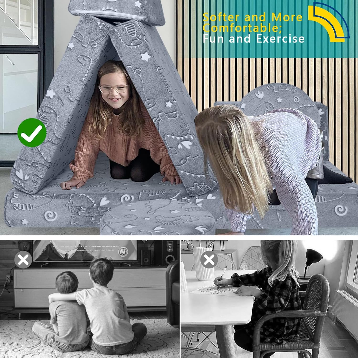 Mini tent made of soft and supportive Glowsofa's Glowing Dinosaur 8 pieces kids play couch