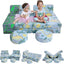 Two girls sitting on MeMoreCool Blue Dinosaur 8 piece kids play couch set