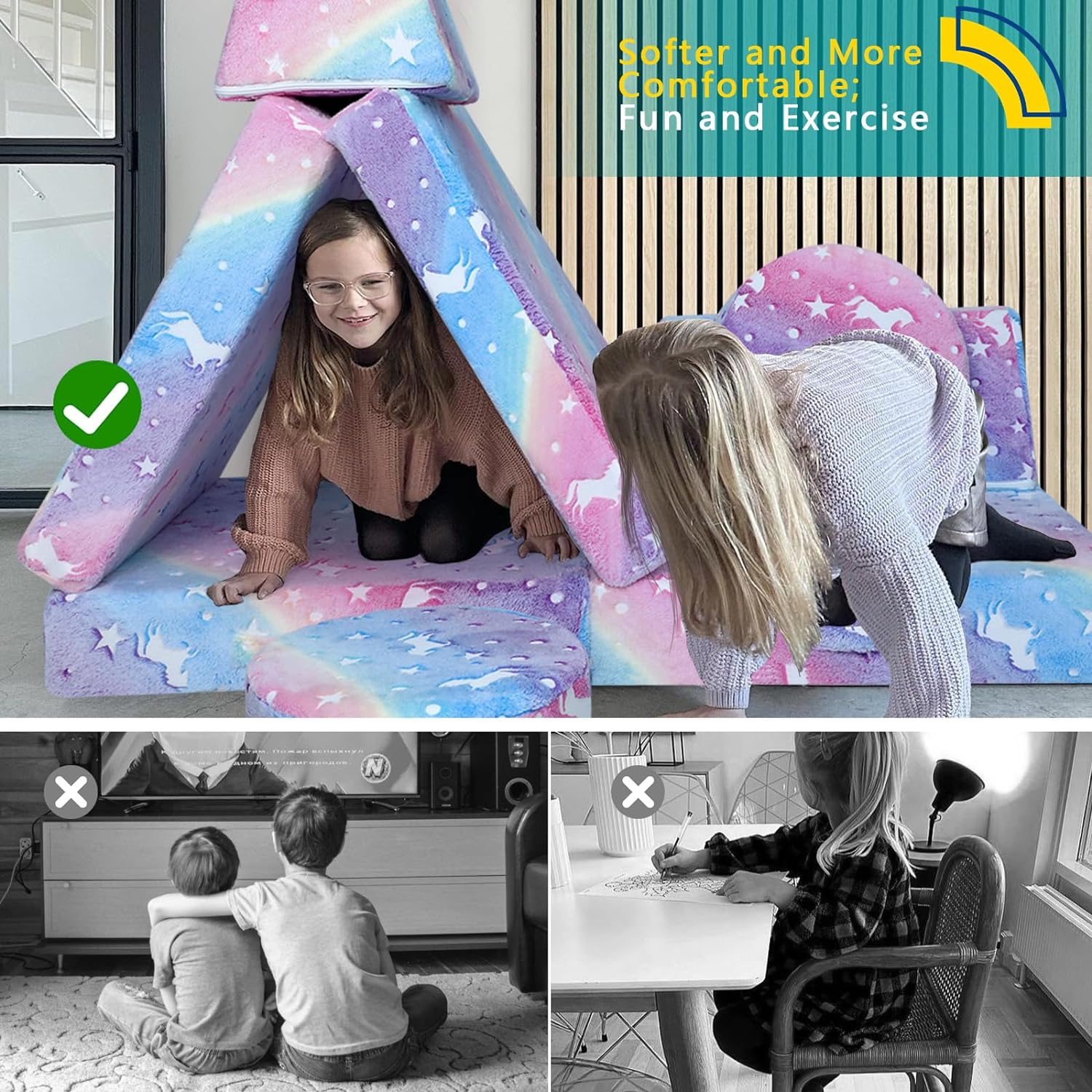 Mini tent made of soft and supportive Glowsofa's Rainbow 8 pieces kids play couch