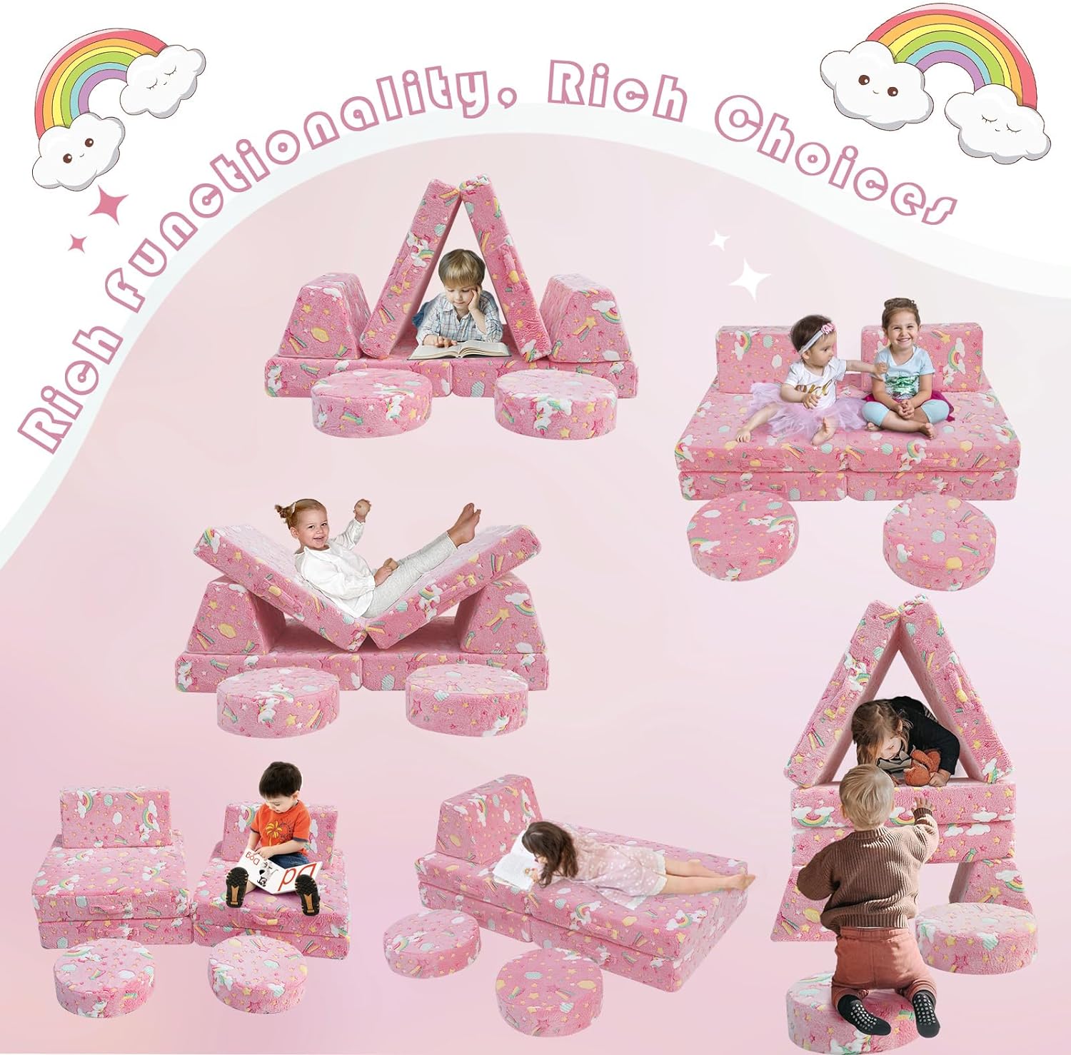Kids play on different couches built with Glowsofa's Unicorn 8 pieces kids play couch