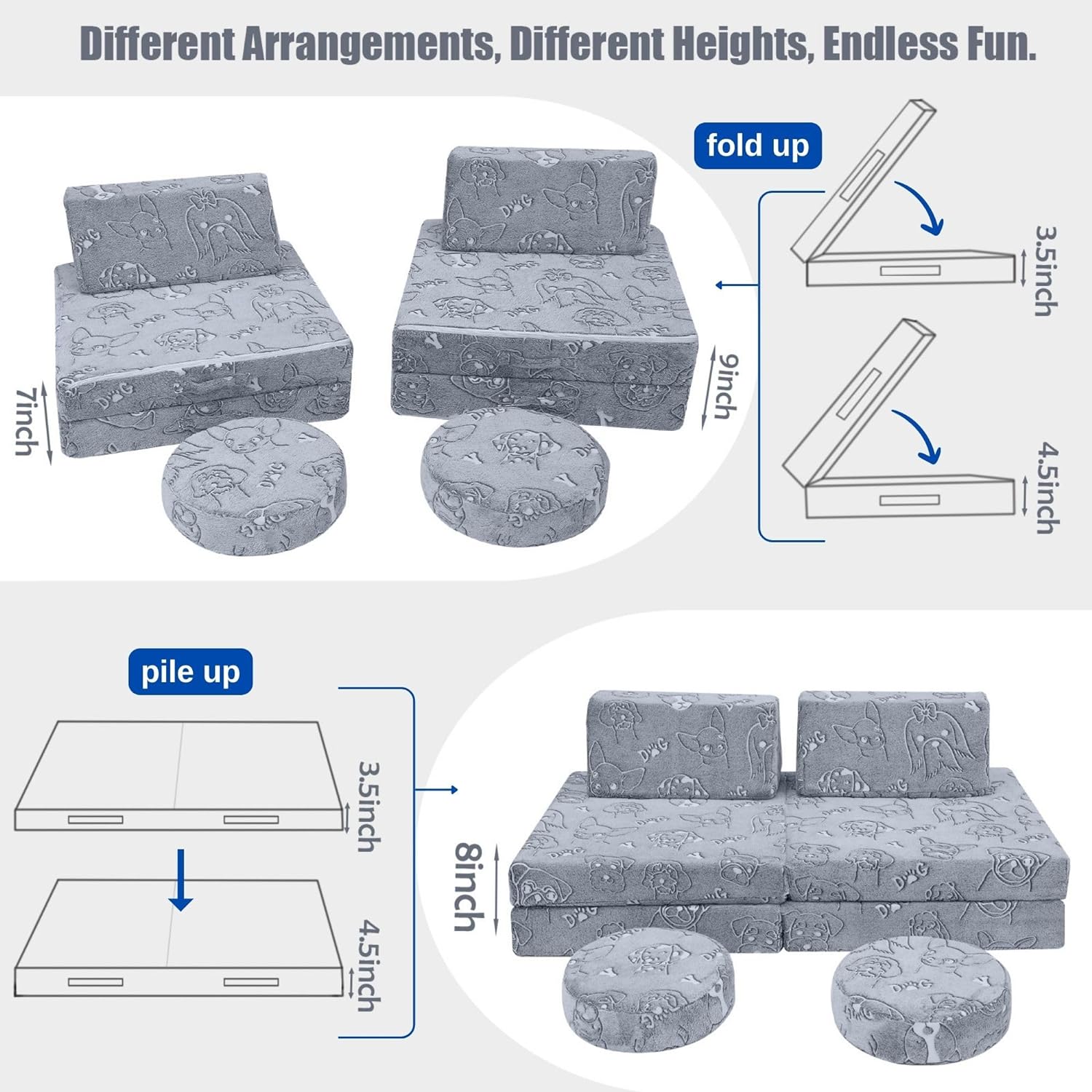 Glowsofa's Dog 8 pieces kids play couch features 8 pieces, four foldable seats, two back cushions, and two round cushions.