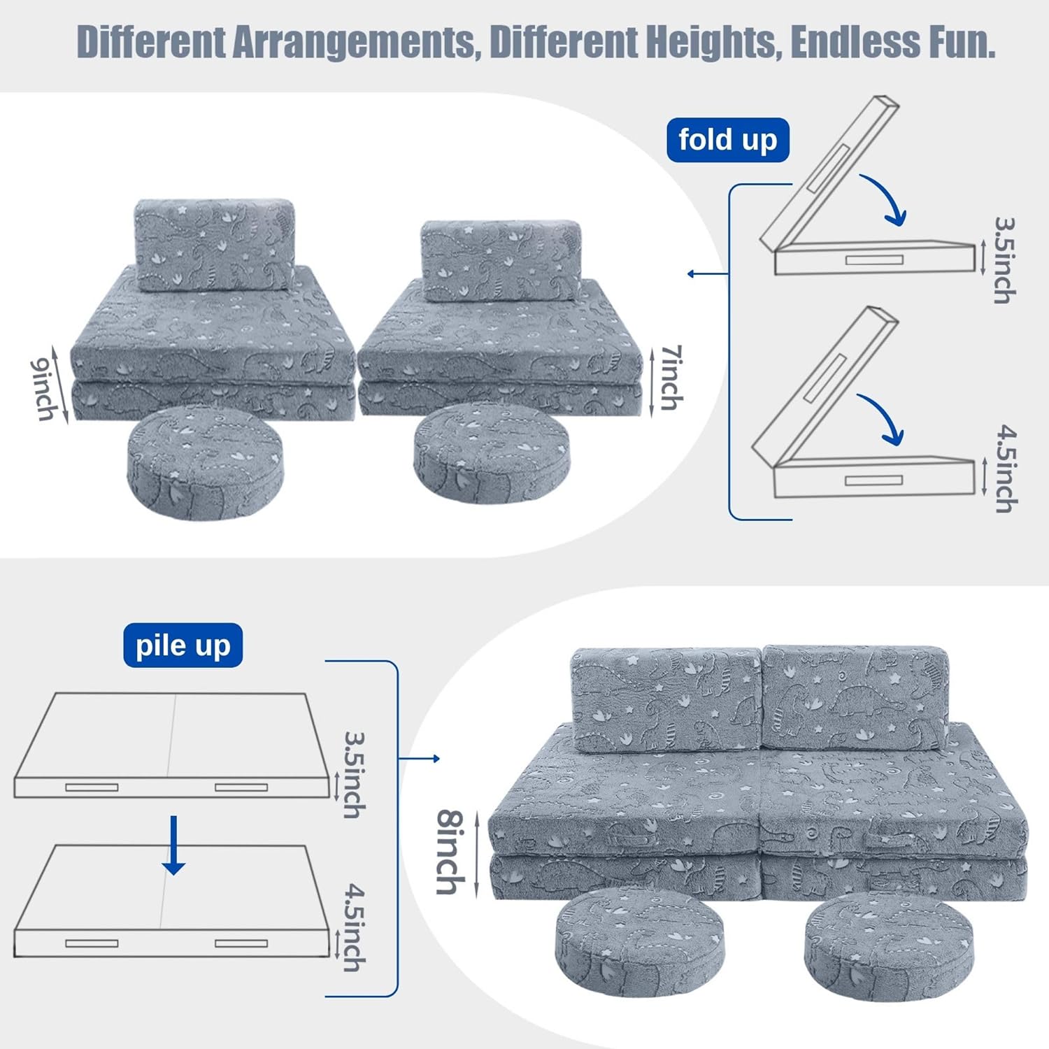 Glowsofa's Glowing Dinosaur 8 pieces kids play couch features 8 pieces, four foldable seats, two back cushions, and two round cushions.