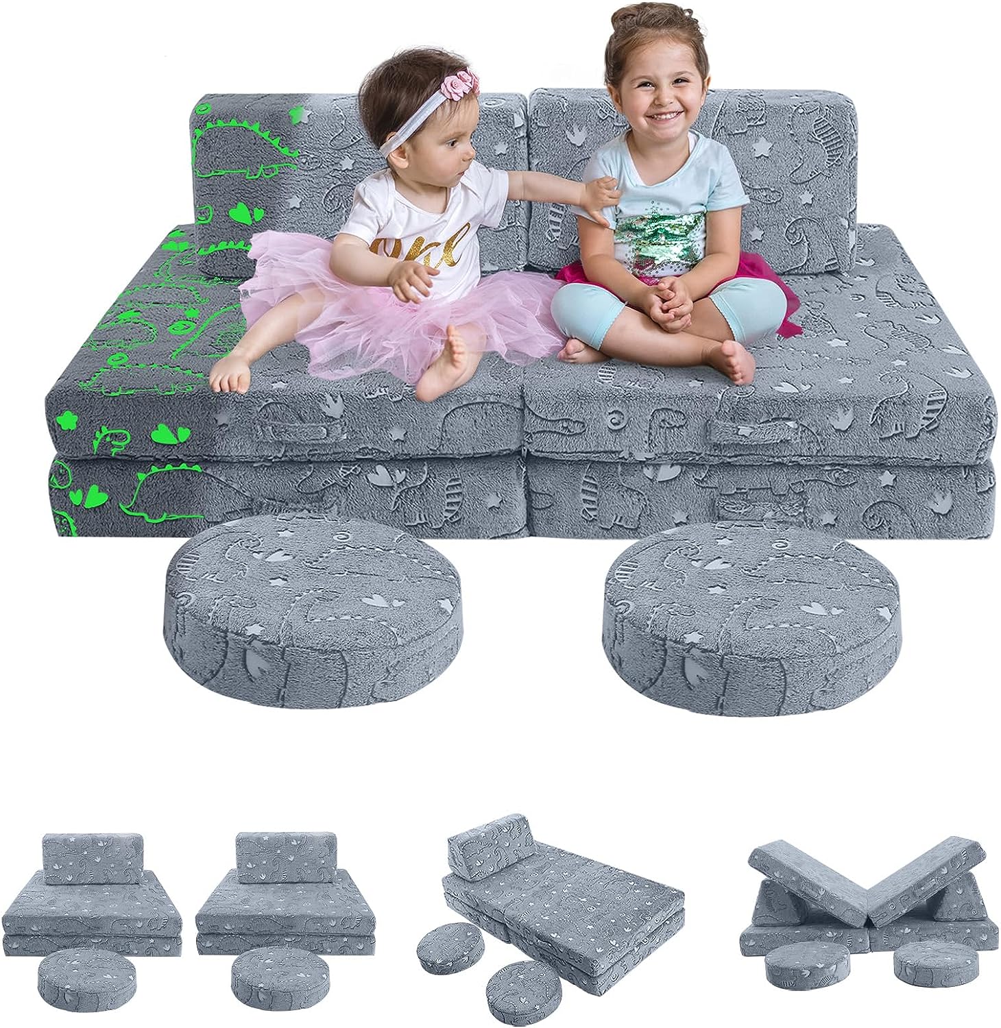 Two girls sitting on Glowsofa's Glowing Dinosaur 8 pieces kids play couch set
