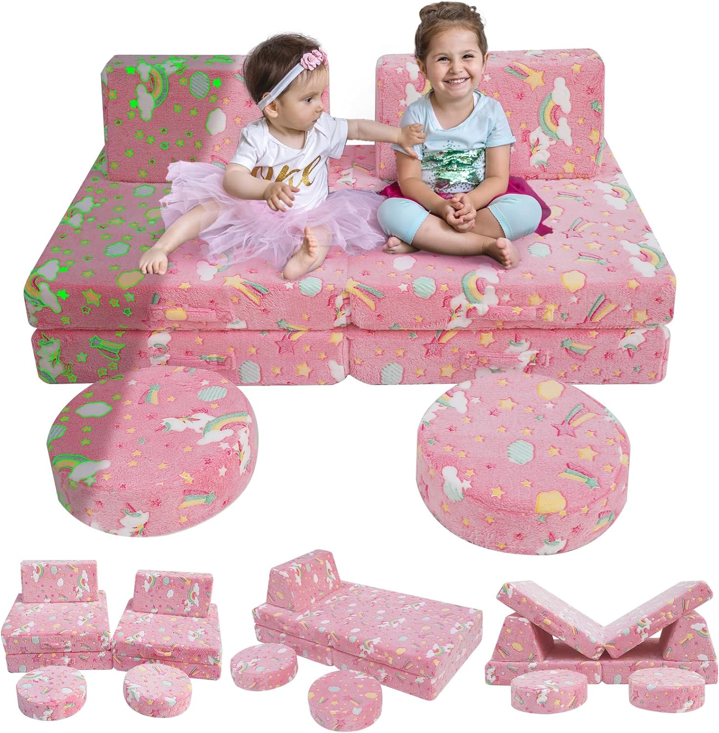 Two girls sitting on Glowsofa's Unicorn 8 pieces kids play couch set