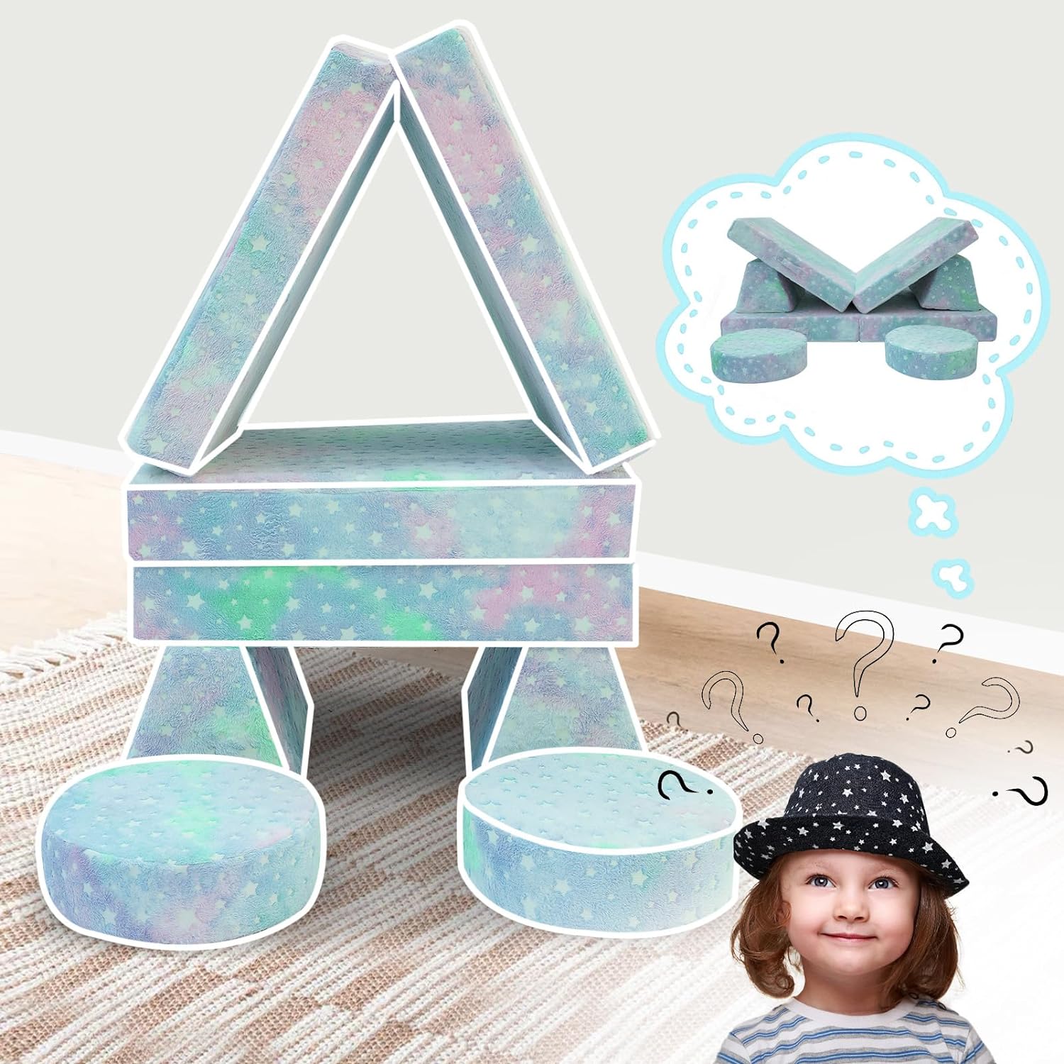 Glowsofa's 8 pieces Colorful Star kids play couch Build a castle and lounge chair