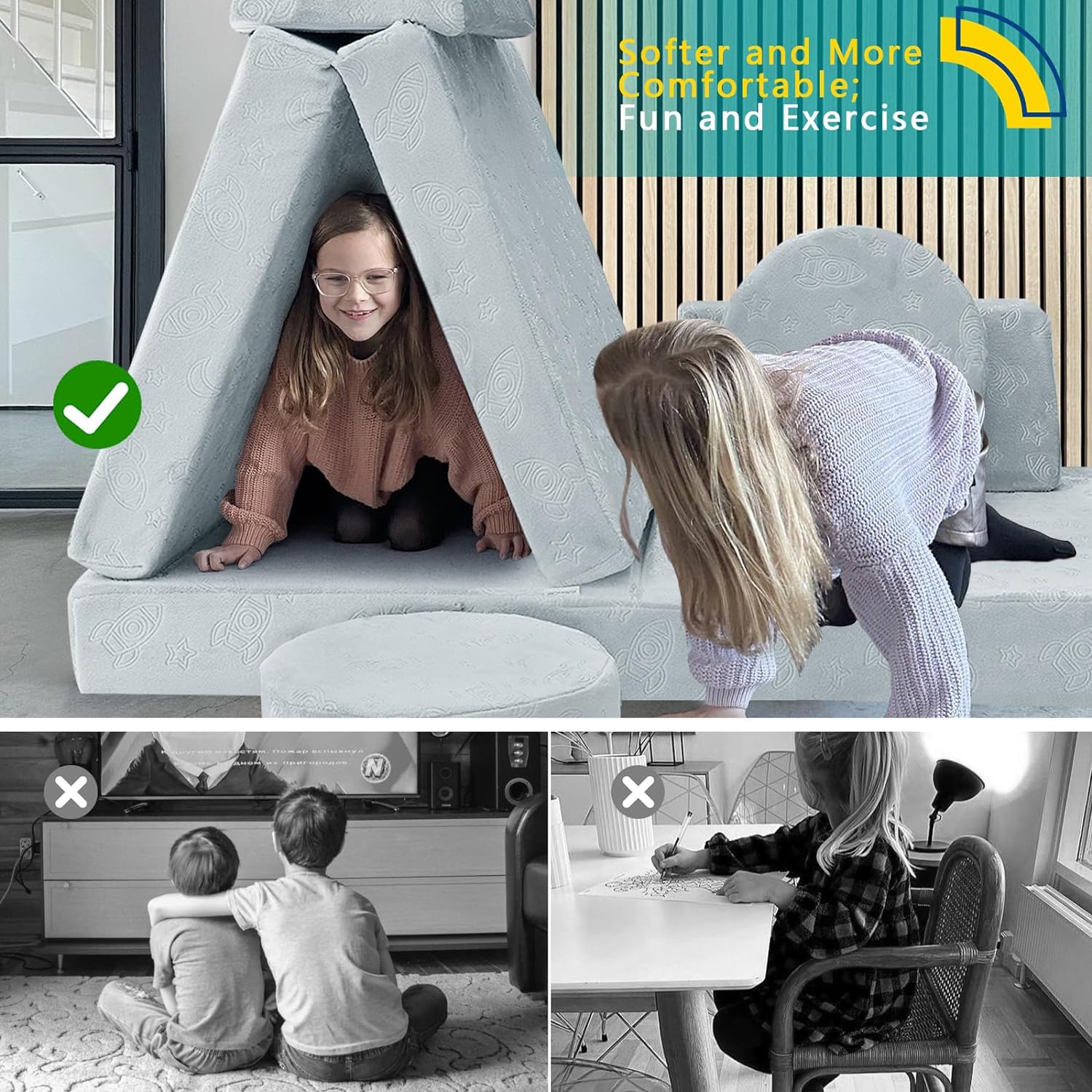 Mini tent made of soft and supportive Glowsofa's Rocket 8 pieces kids play couch