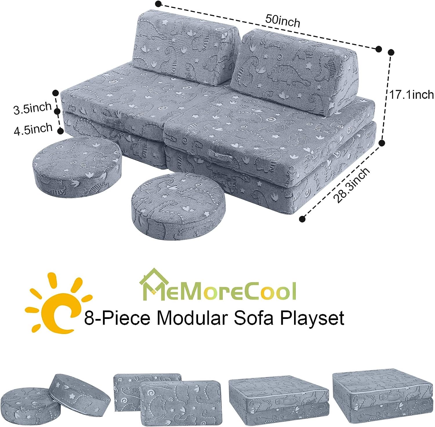 Glowsofa's Glowing Dinosaur 8 pieces kids play couch measures 28.3 “D x 50 ‘W x 17.1 ’H