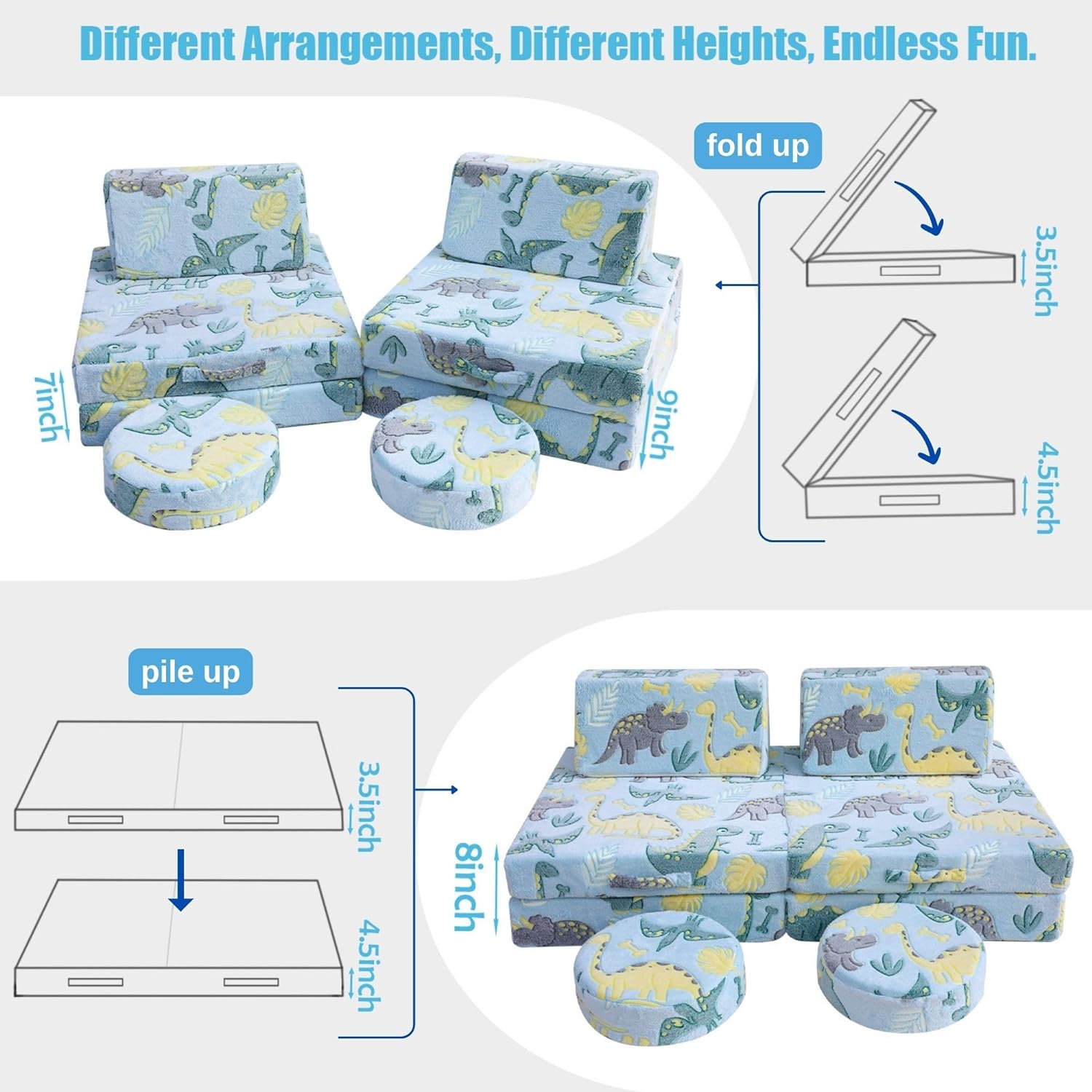 Glowsofa's Blue Dinosaur 8 pieces kids play couch features 8 pieces, four foldable seats, two back cushions, and two round cushions.