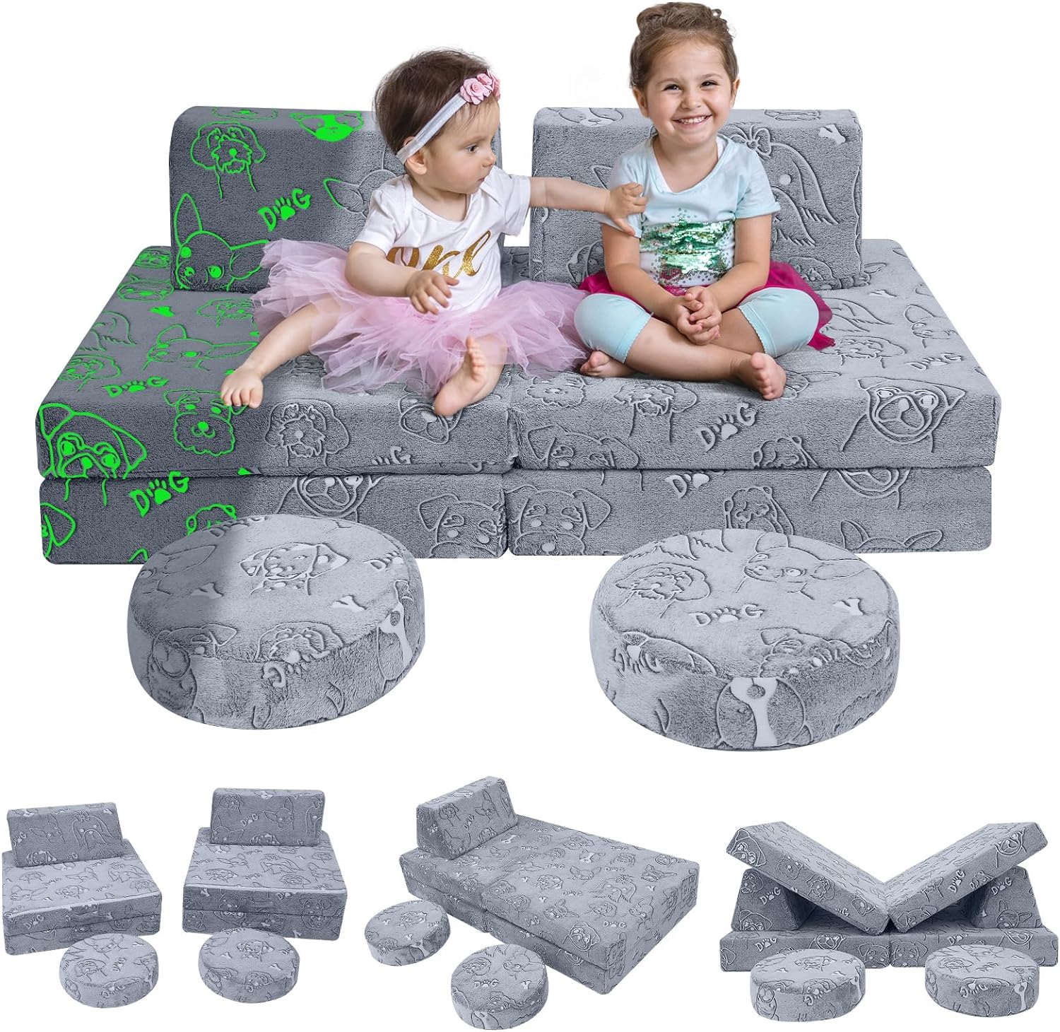 Two girls sitting on Glowsofa's Dog 8 pieces kids play couch set