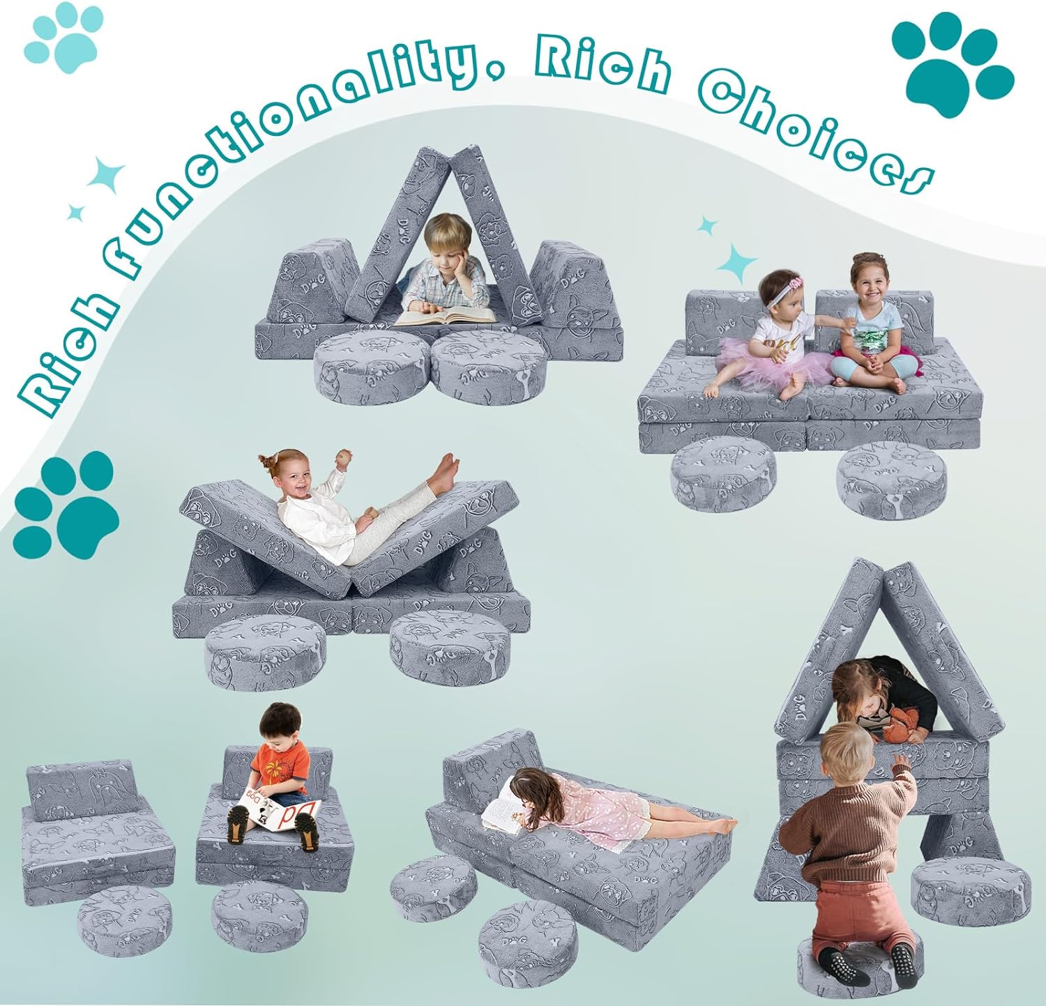 Kids play on different couches built with Glowsofa's Dog 8 pieces kids play couch