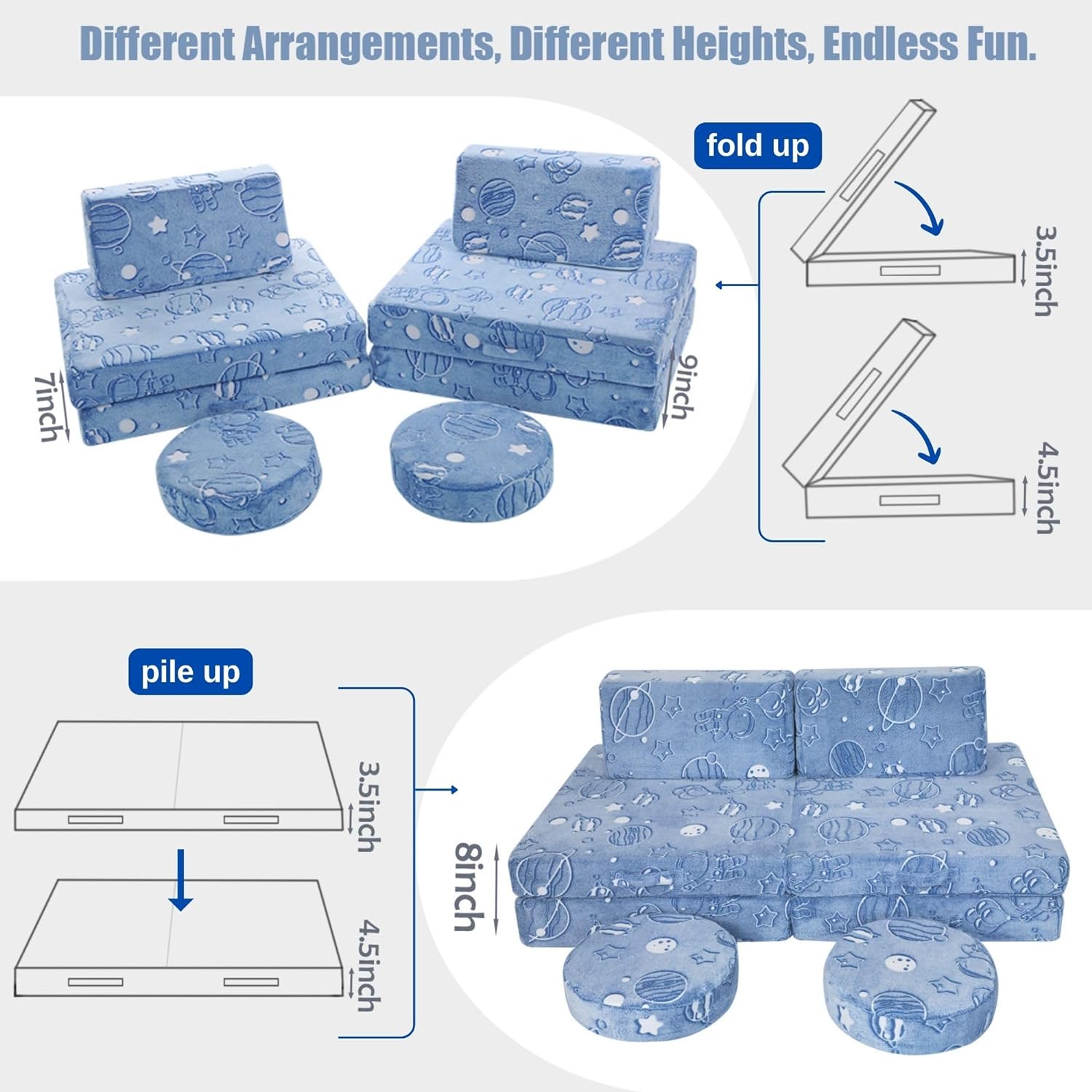 Glowsofa's Astronaut 8 pieces kids play couch features 8 pieces, four foldable seats, two back cushions, and two round cushions.