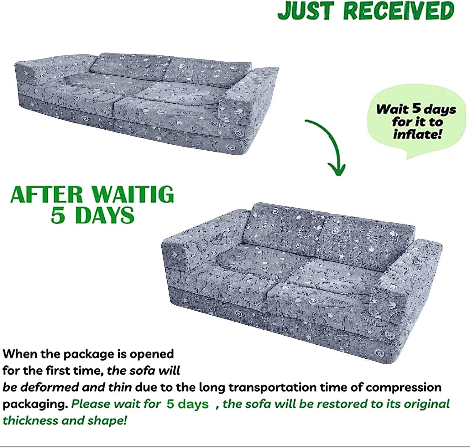 Please wait 5 days after opening the package for Glowing dinosaur kids play couch to regain its original shape and thickness.