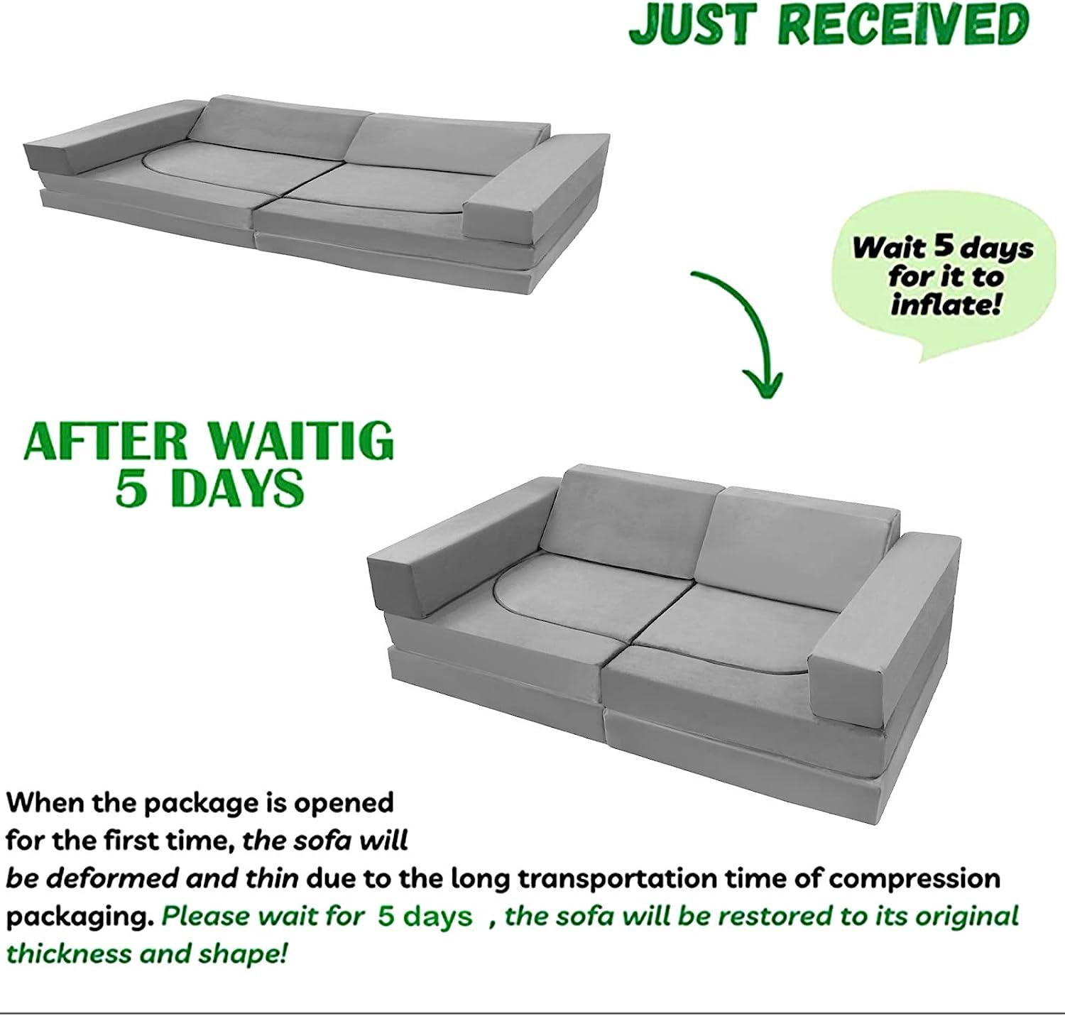 Please wait 5 days after opening the package for Soild grey kids play couch to regain its original shape and thickness.