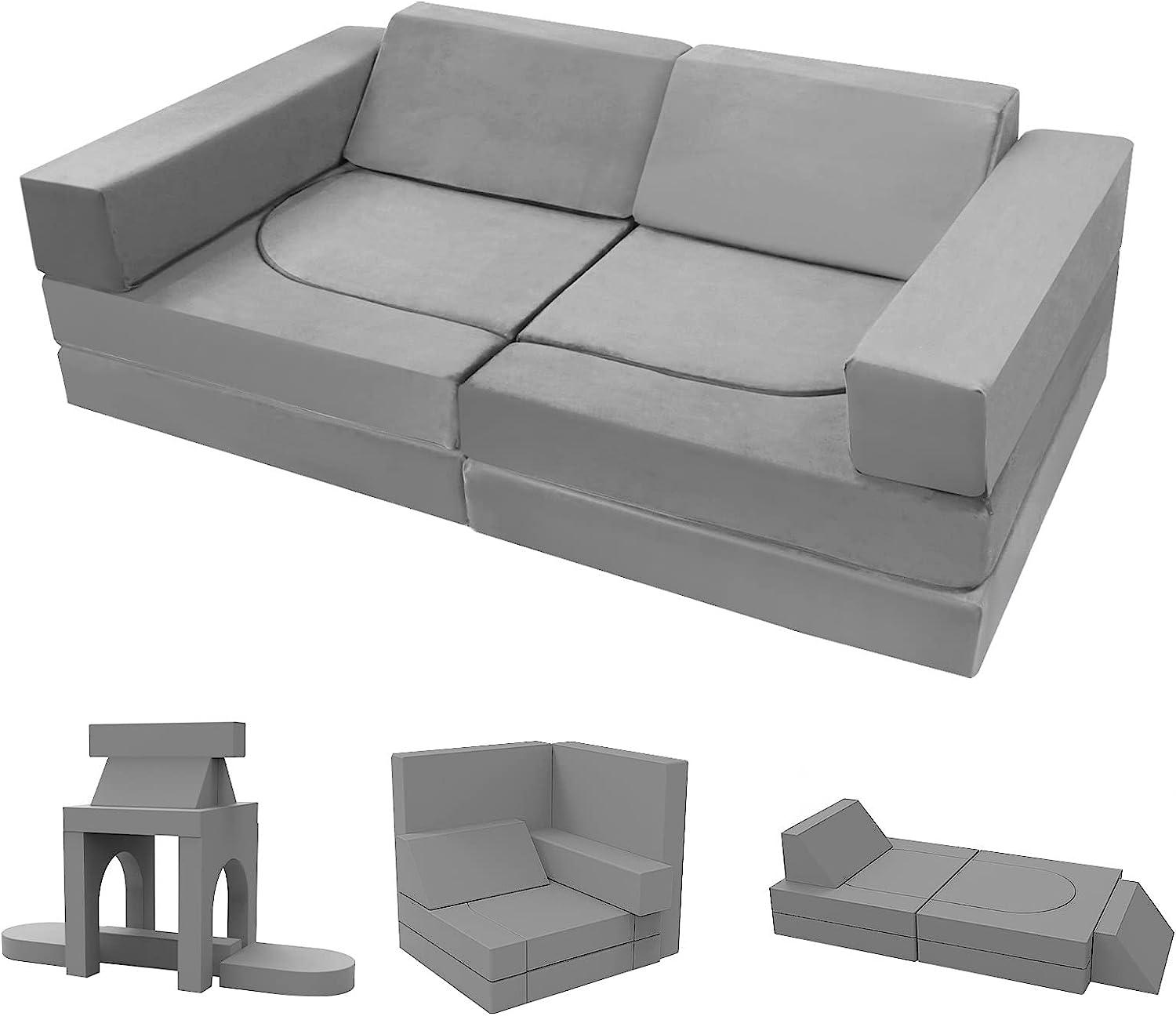 Kids play couch with solid grey fabric 10 piece set