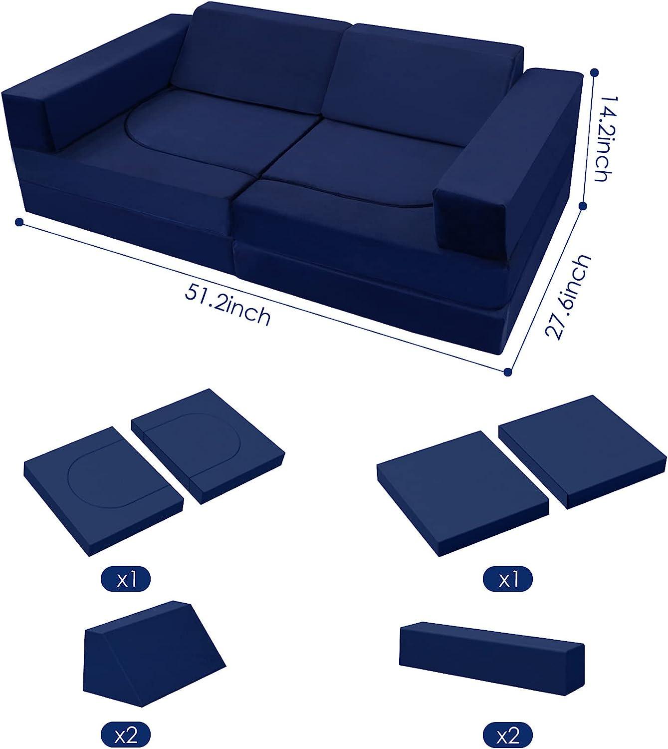 Solid Navy kids play couch measures 27.6 “D x 51.2 ‘W x 14.2 ’H and includes 2 foldable seats, 2 back cushions,2 armrest parts, and 4 cushions.