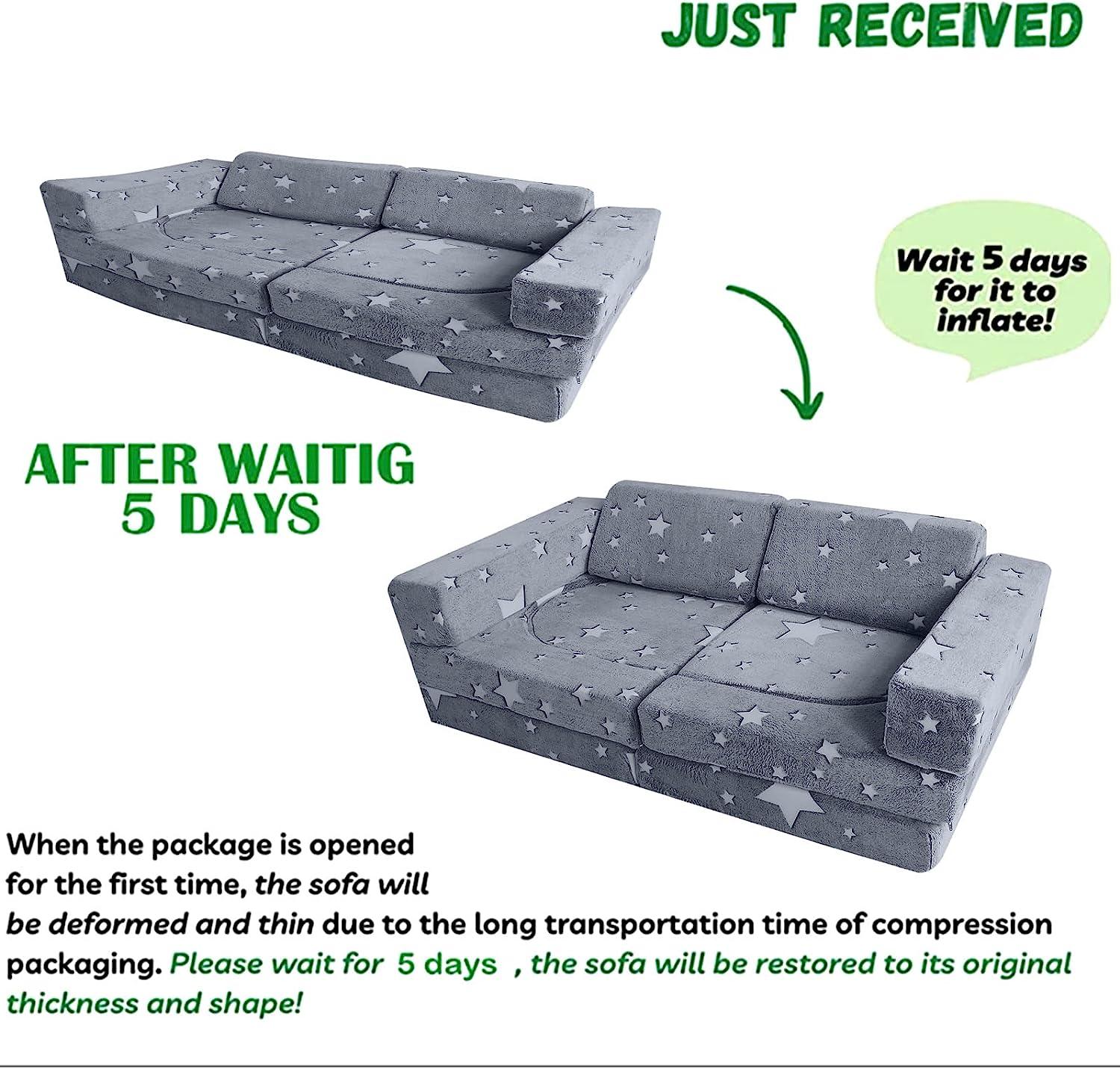 Please wait 5 days after opening the package for Glowing star kids play couch to regain its original shape and thickness.